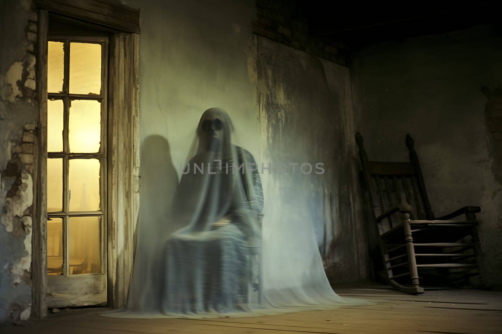 Spooky ghost figure in an aged, abandoned house with a rocking chair and eerie lighting creates a haunting atmosphere