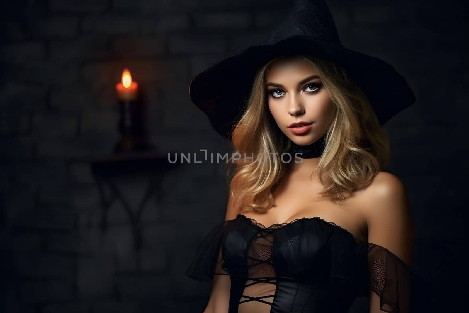 A stunning young adult Caucasian woman wears an elegant witch costume with a black hat, corset, and candlelit ambiance, perfect for Halloween
