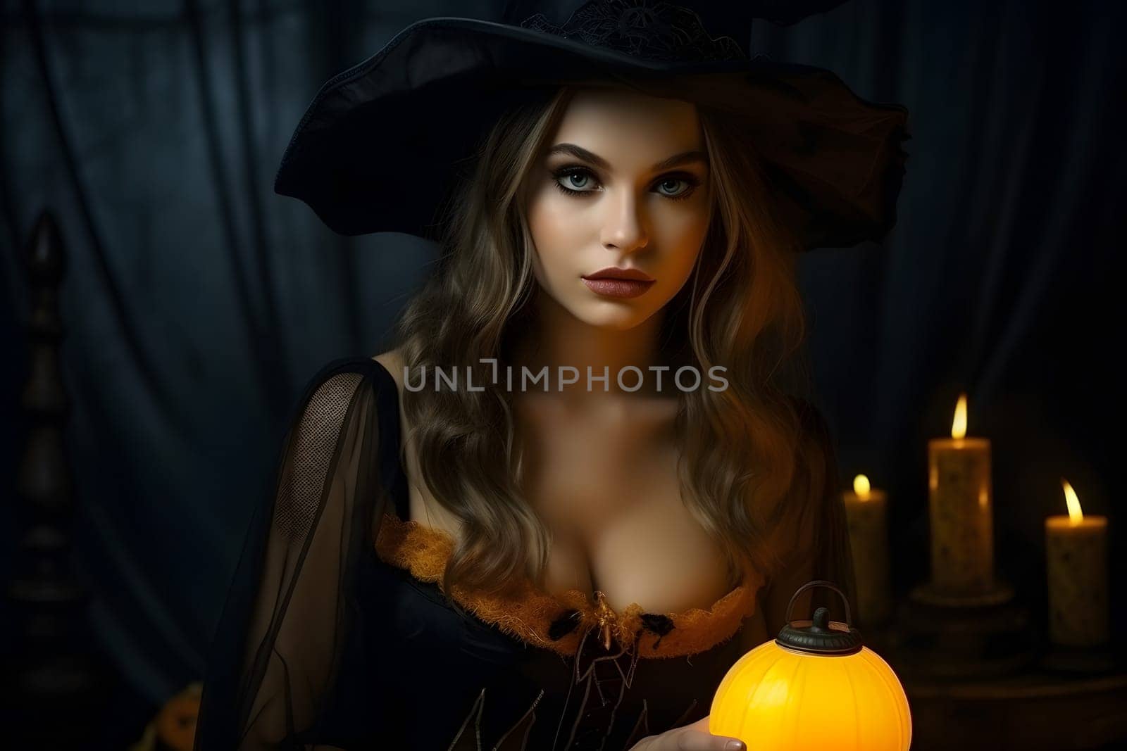 A stunning woman dons a witch costume, clutching a radiant lantern in candlelight, exuding mystery and elegance