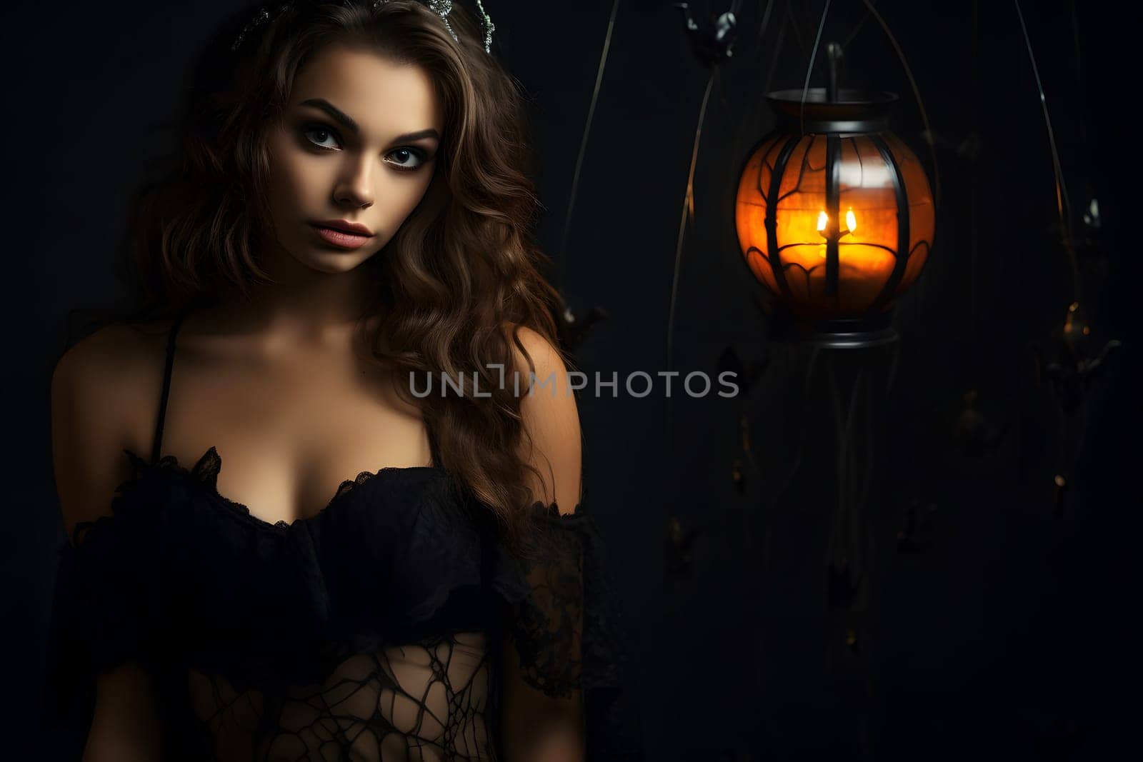 Elegant woman with curly hair poses in dark lace lingerie by a glowing lantern, creating a moody ambiance.