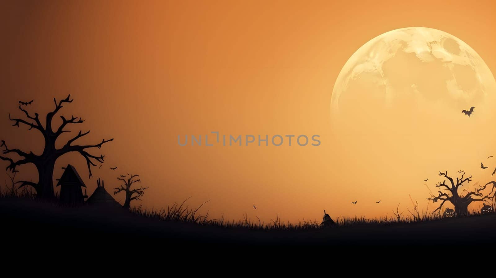 On Halloween night, a full moon and spooky trees create eerie silhouettes against the dark orange gradient sky background.