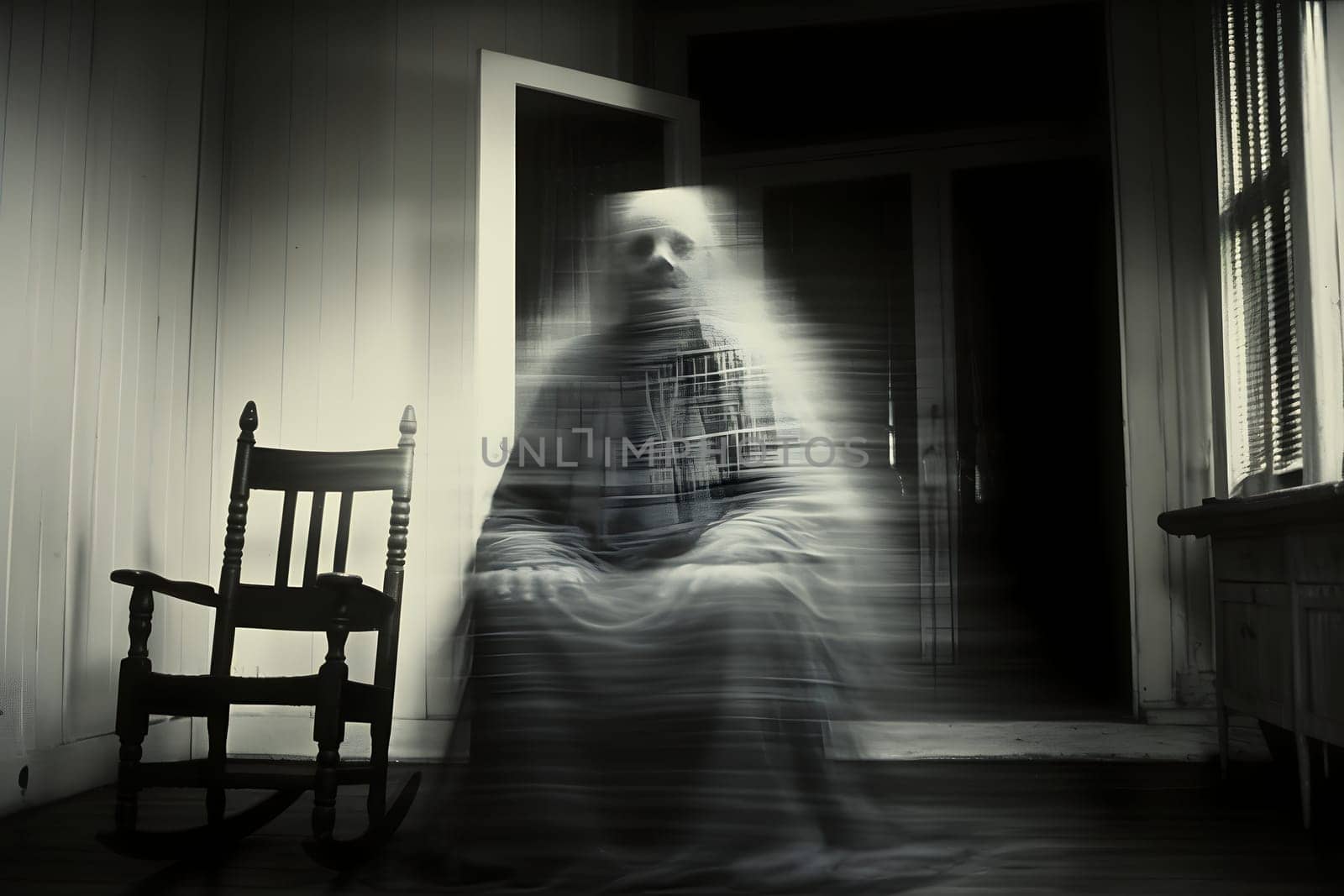 A spooky ghost by a rocking chair in a dimly lit abandoned room creates an eerie atmosphere, full of the supernatural