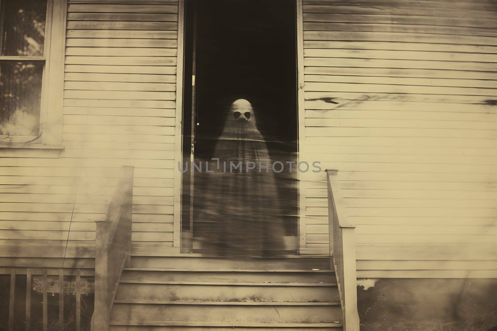 A ghostly figure stands at the entrance of an old house, emitting an eerie vibe, creating a haunting atmosphere