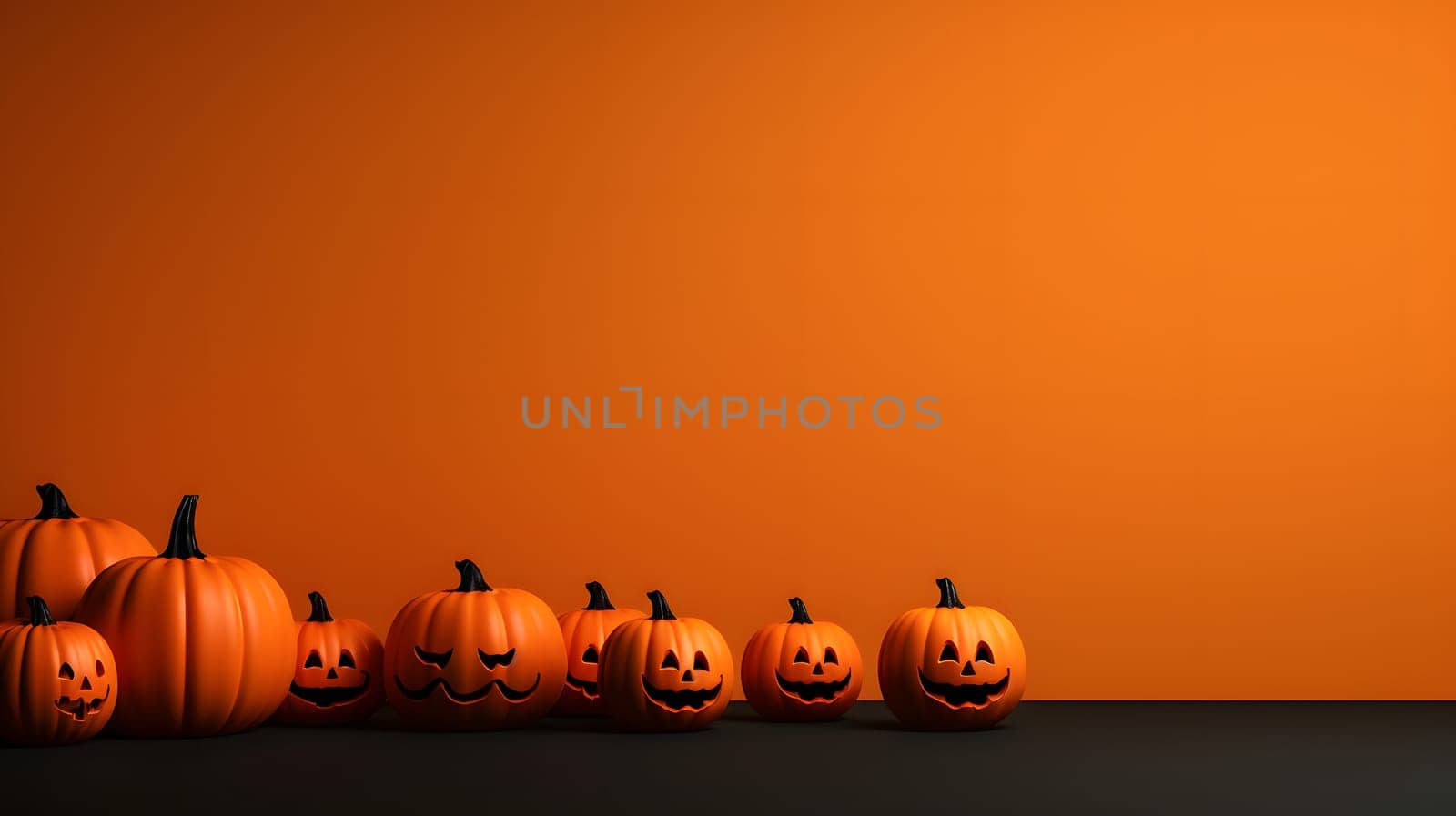 Carved pumpkins arranged for Halloween against plain orange background, capturing festive autumn theme