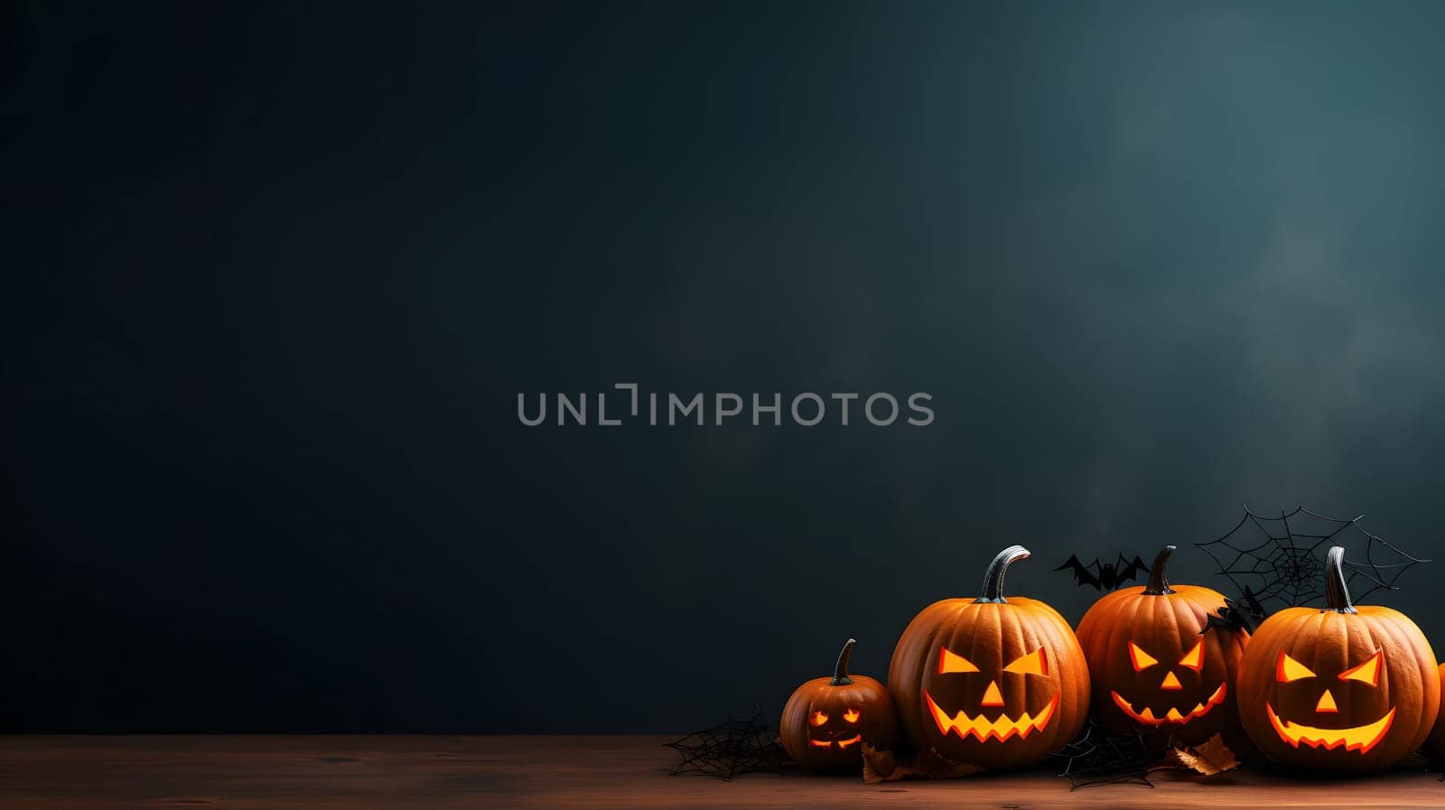 Spooky carved Halloween pumpkins with glowing faces create an eerie atmosphere against a dark gray background