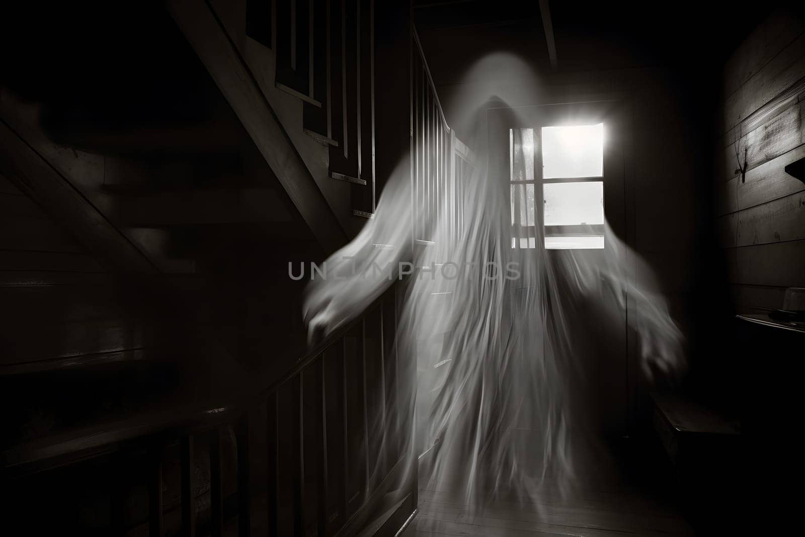 An eerie, ghostly presence in an old, deserted house on a haunting night creates a spinechilling atmosphere