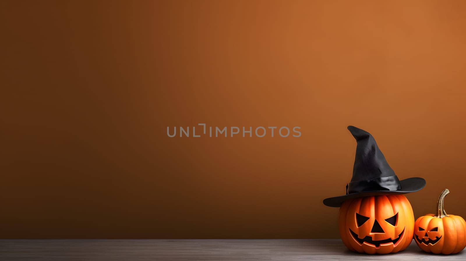 Two Halloween pumpkin Jack O Lanterns with Witch Hat on gray surface with orange wall background.