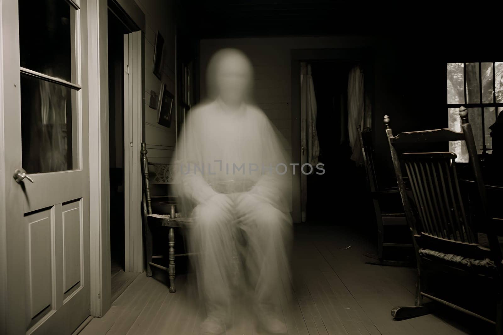 A blurred human figure sitting on a chair in a dimly lit room, evoking a sense of mystery and eeriness.