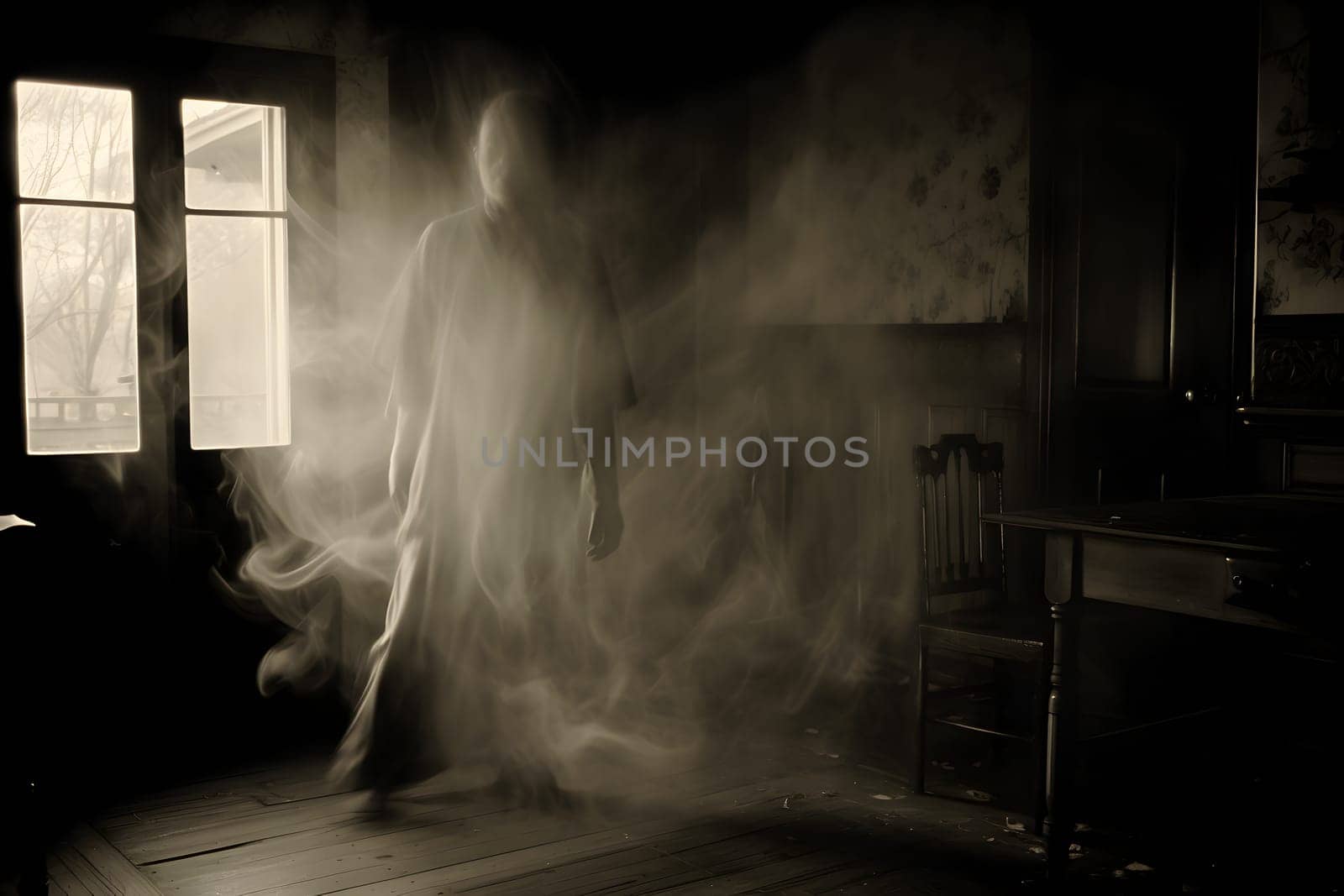 Mysterious ghostly figure appearing in an old, abandoned, haunted house enveloped in mist and shadow.