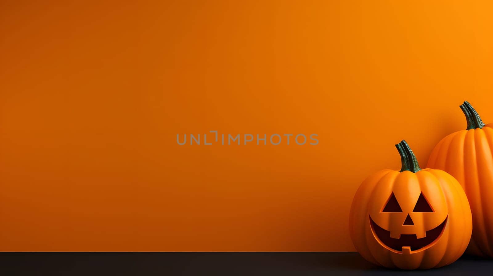 Flat blank orange Halloween background with couple of pumpkins with carved Jackolantern faces on the corner.