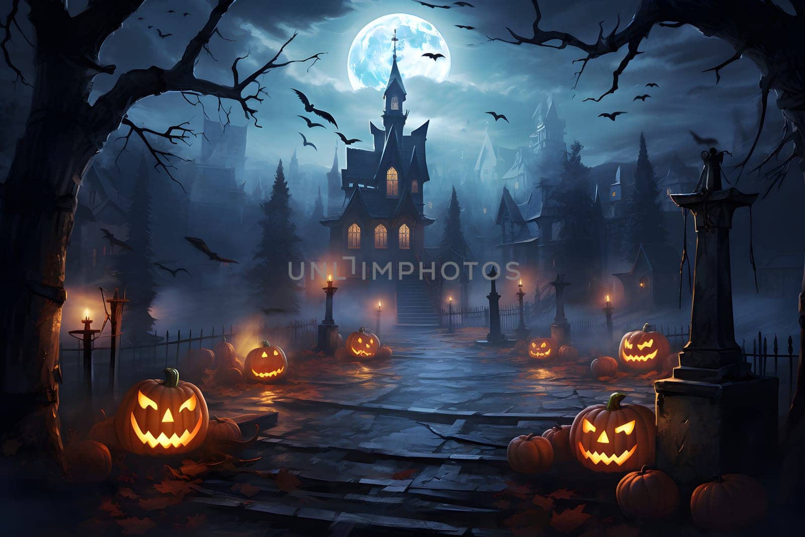 A spooky Halloween night with haunted house, jackolanterns, full moon, bats, eerie trees, and gothic atmosphere
