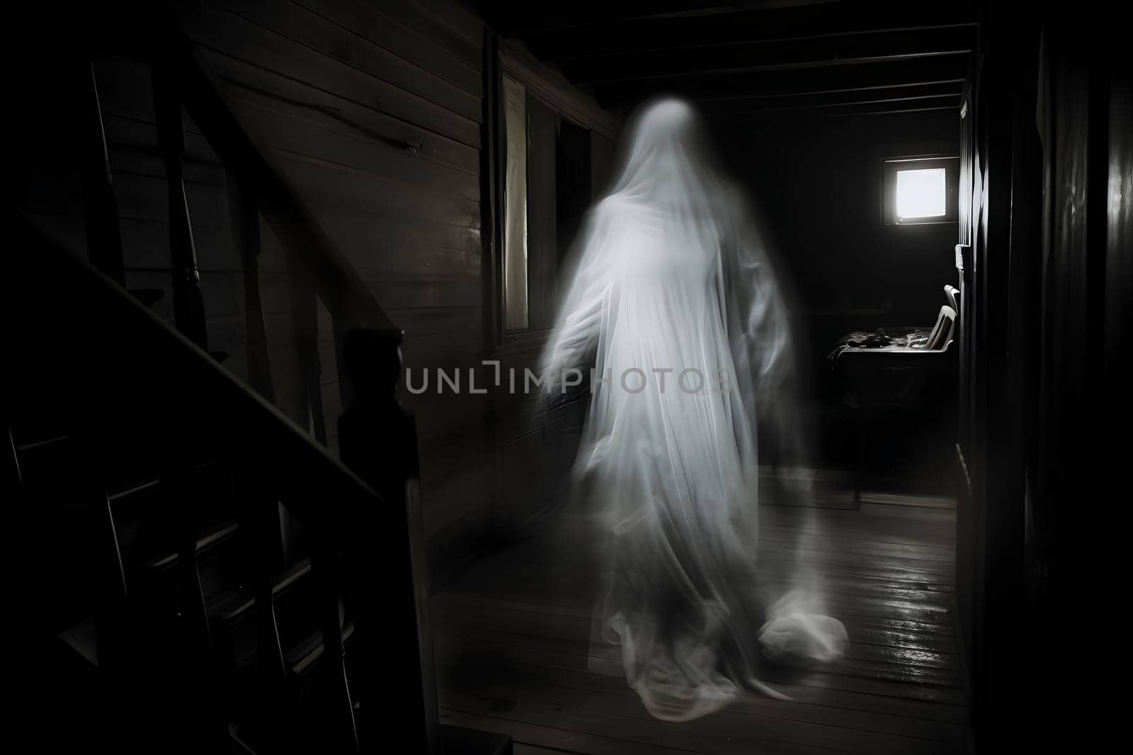 A ghostly figure emerges in a dark abandoned house, creating eerie atmosphere with haunting presence