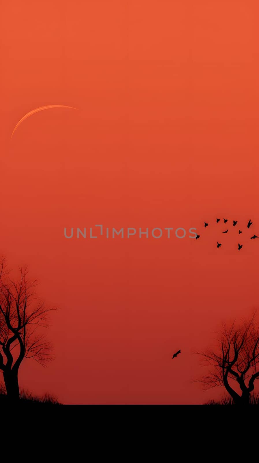 Scenic view of silhouetted trees, birds flying against orange sunset, crescent moon in peaceful evening