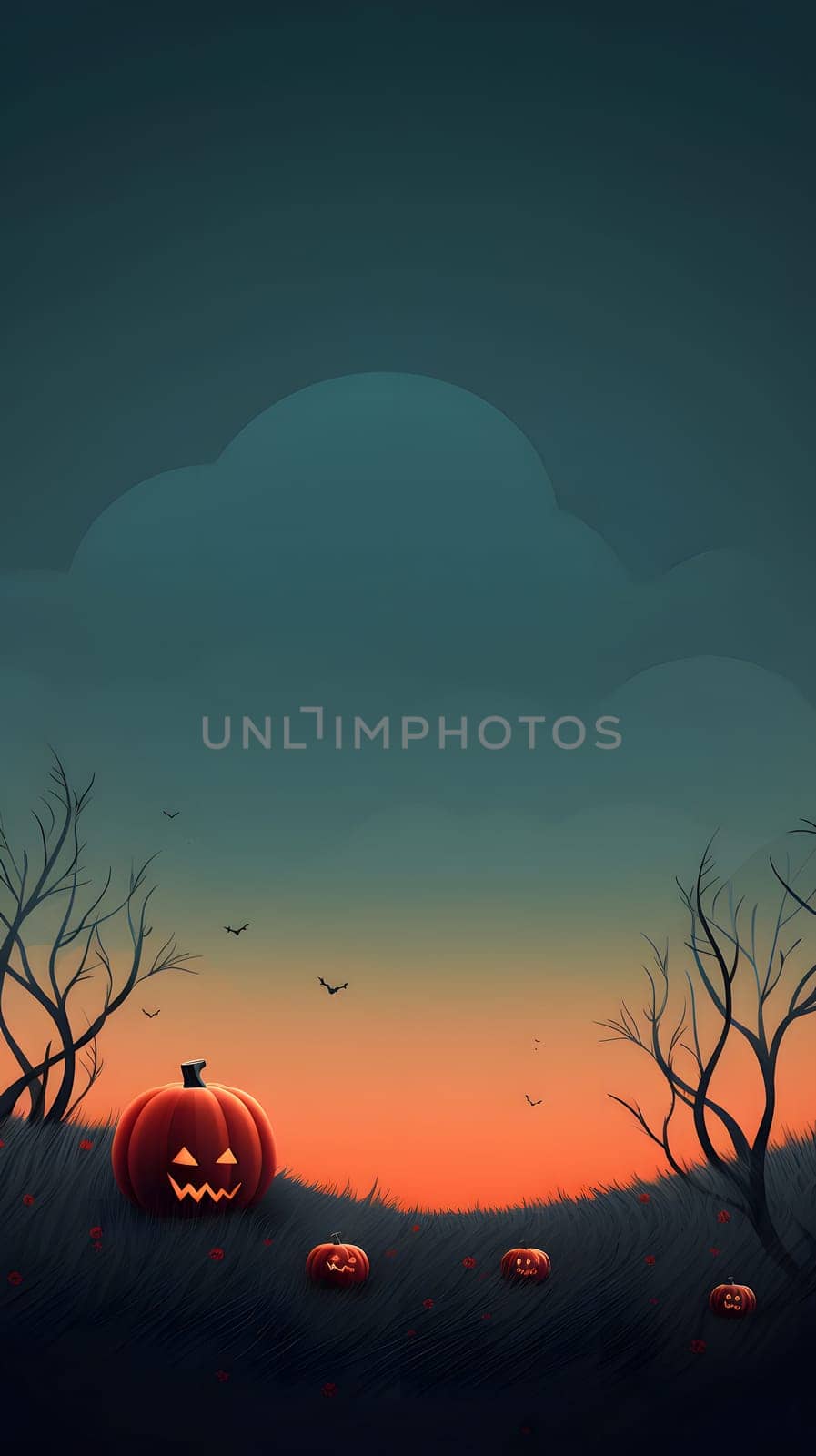 The eerie Halloween scene at dusk includes jackolanterns, trees, and a spooky sky, setting a spooky atmosphere