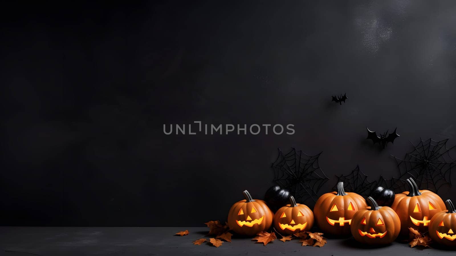 Halloween vibe with carved pumpkins, JackoLanterns, spooky decor on a dark background, bats flying around