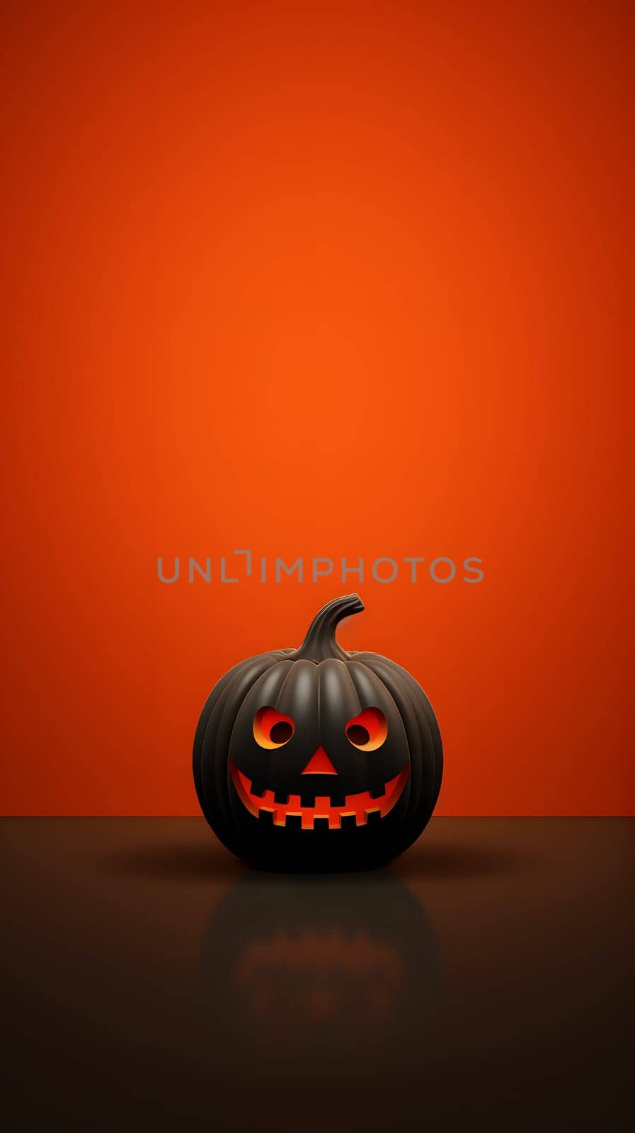 A black Jack-o'-lantern in the center on a black table with a vibrant orange background. Perfect Halloween decoration.