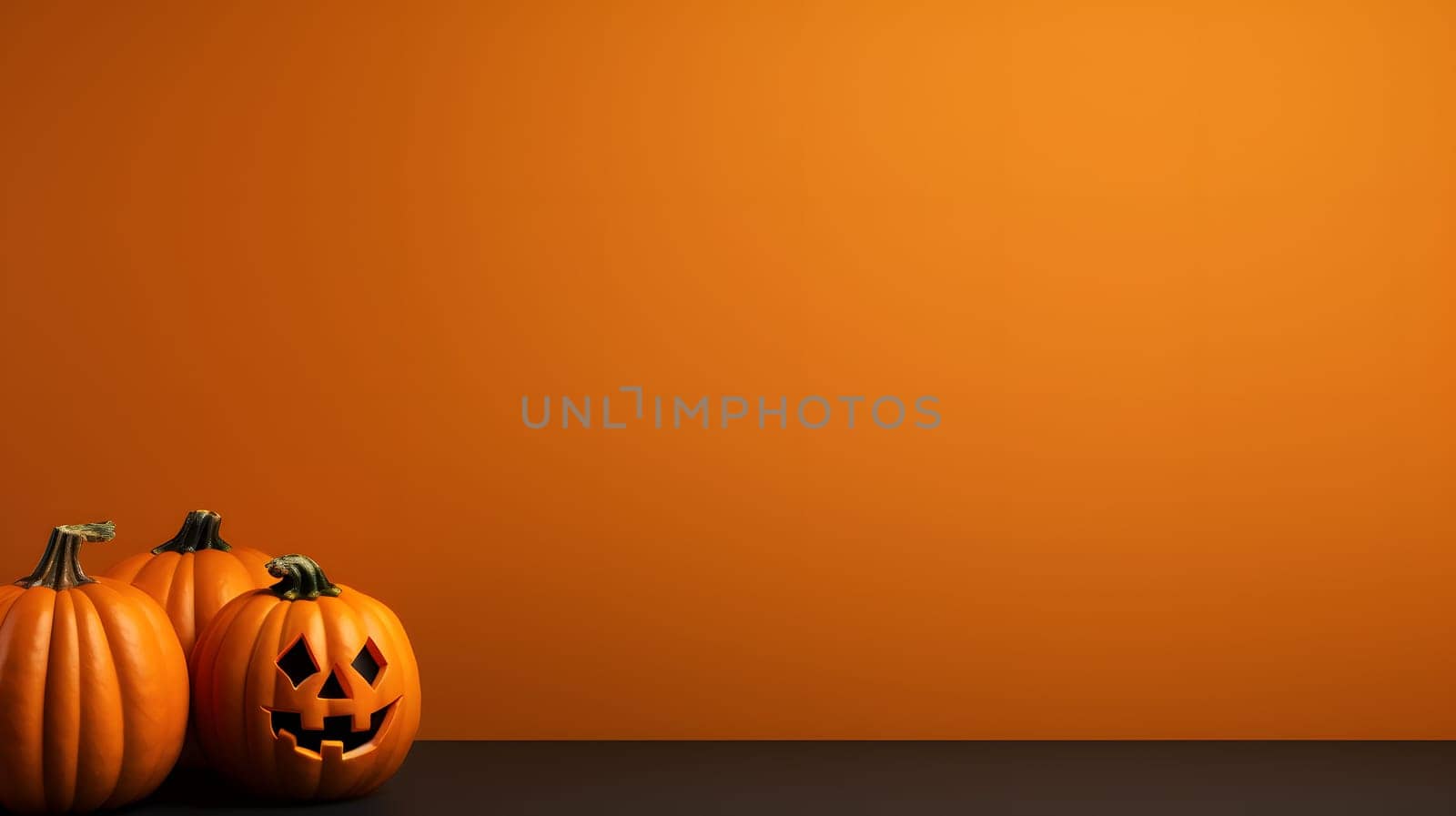 Three pumpkins, one with a carved face, set on a dark surface, with orange wall background with copy space