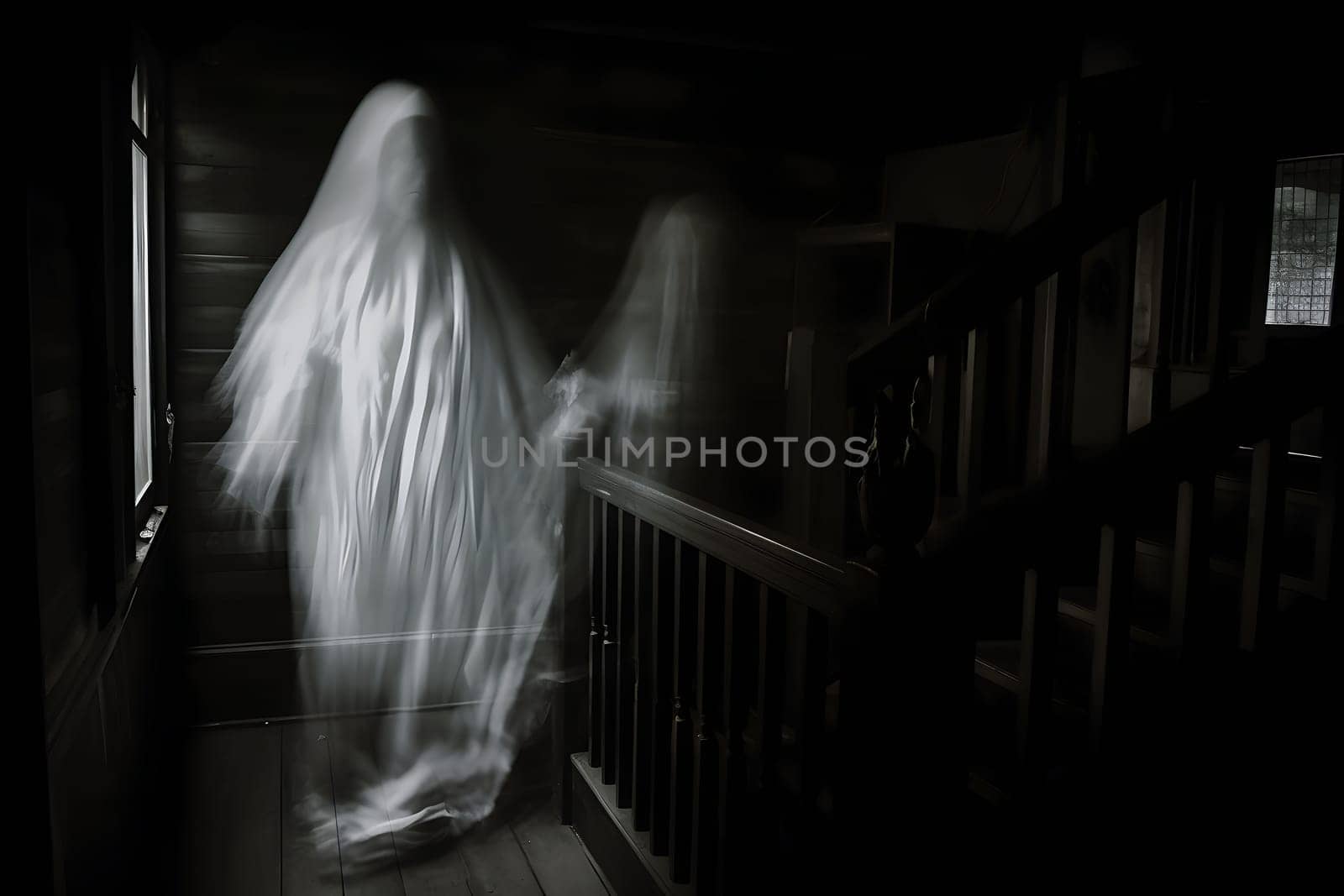 An eerie ghostly figure is haunting a dark, old staircase, making it ideal for Halloween and paranormal themes