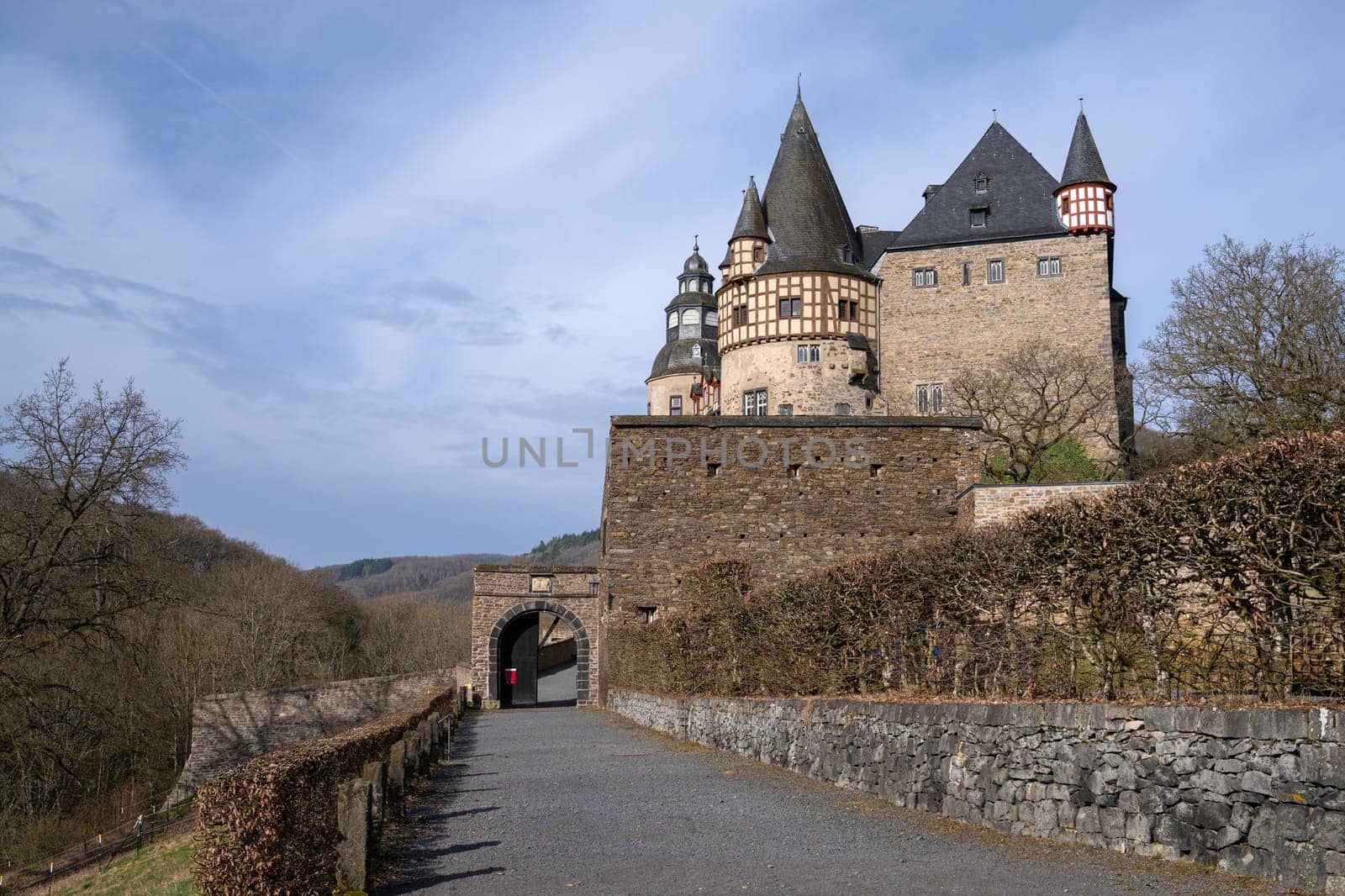 Mayen, Germany - March 10, 2024: Panoramic image of Buerresheim castle close to Mayen on March 10, 2024 in Eifel, Germany