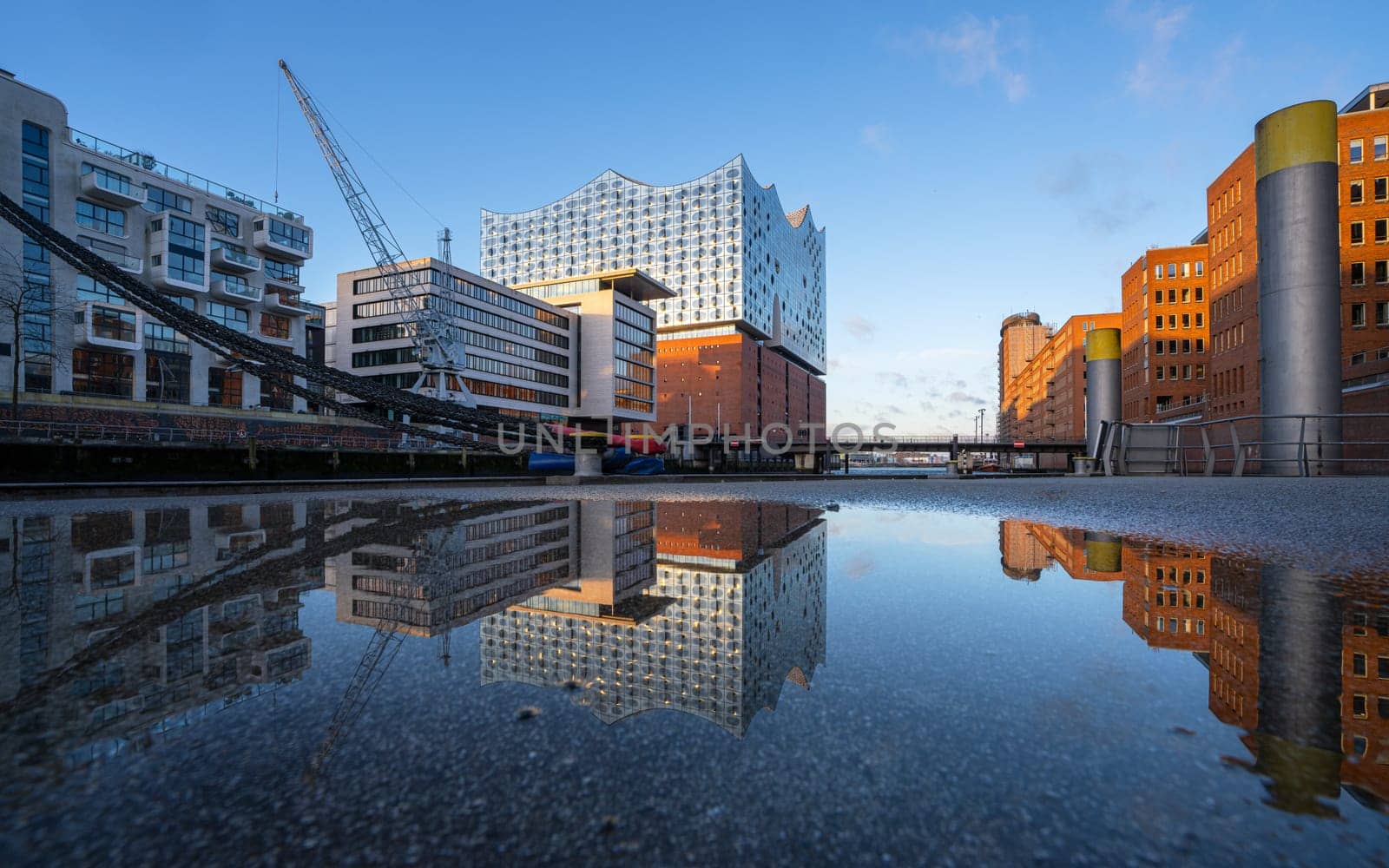 Hamburg, Germany - February 23, 2024: Modern buildings in the harbor city district of Hamburg on February 23, 2024 in Germany