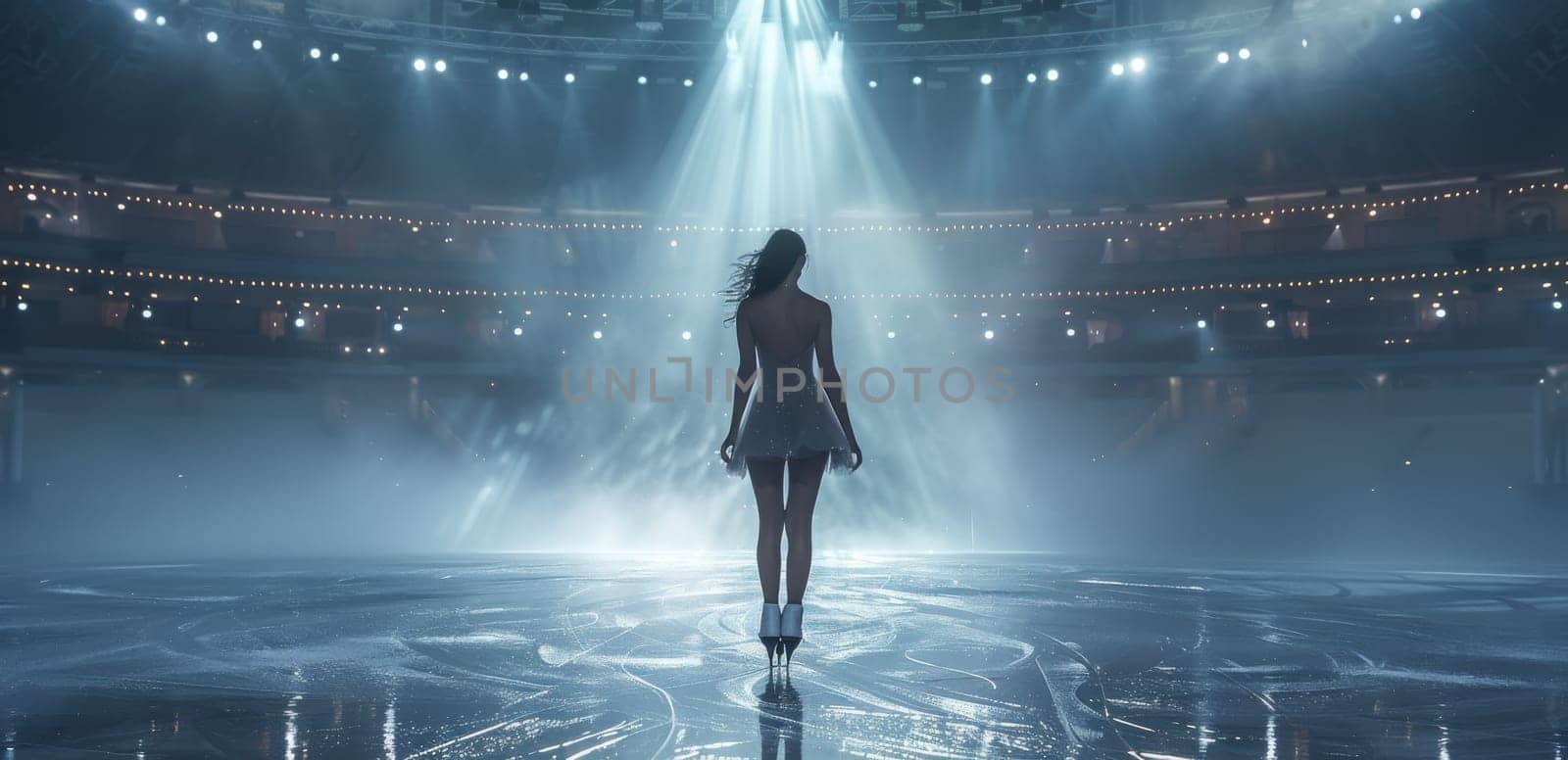 A lone figure skater stands on the ice rink, center stage in an empty, well-lit arena, showcasing a moment of anticipation or preparation