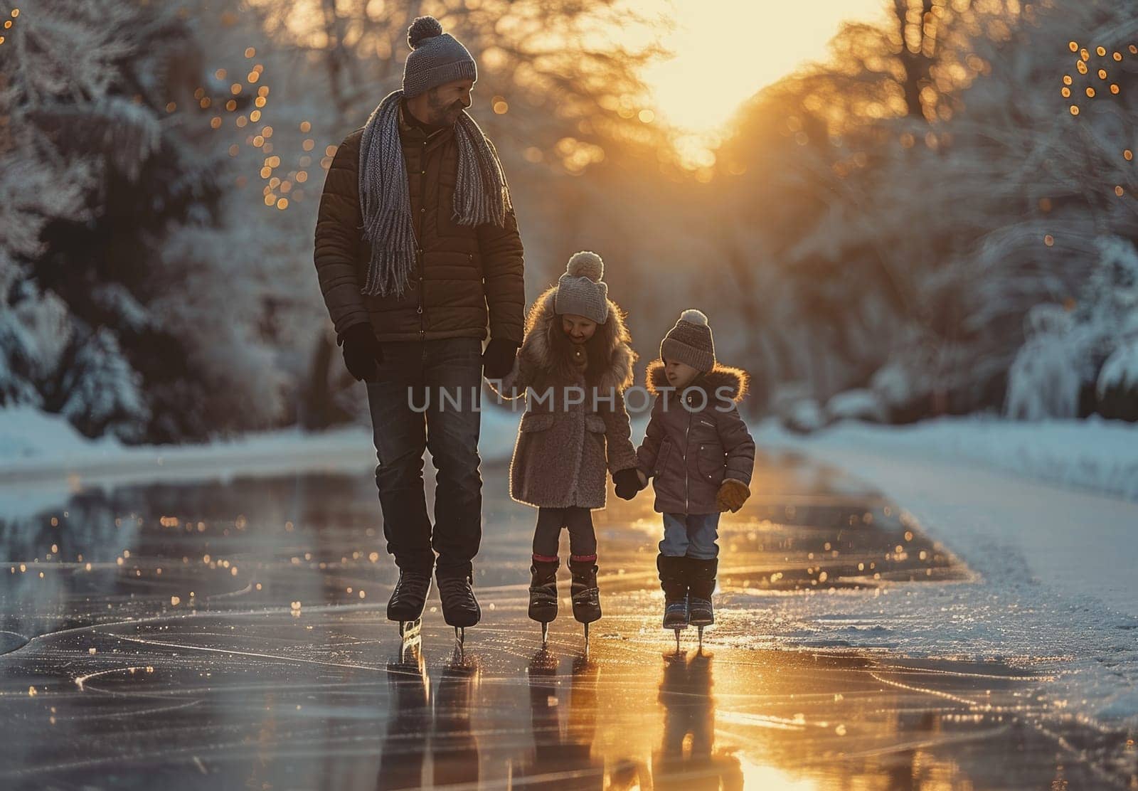 A serene image capturing a family of three walking hand in hand down a snowy path as the sun sets, casting a warm glow