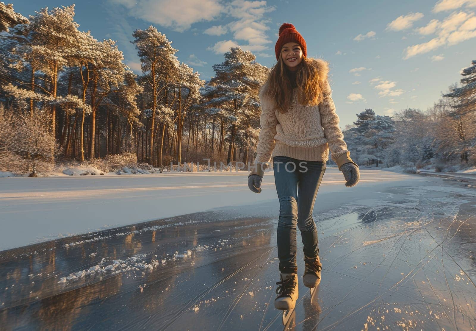 A woman in warm winter clothing smiles joyfully as she ice skates on a frozen lake surrounded by snow-covered trees and clear blue sky