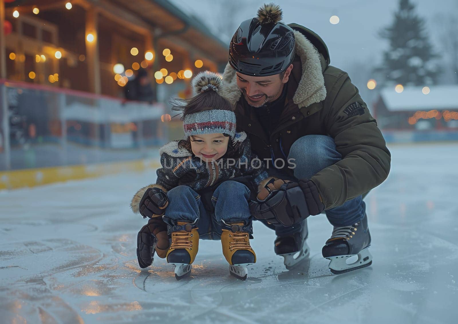 A heartwarming image of a father holding his young son as they ice skate together outdoors. The warm lights in the background add a cozy feeling, emphasizing familial bonds and winter fun.