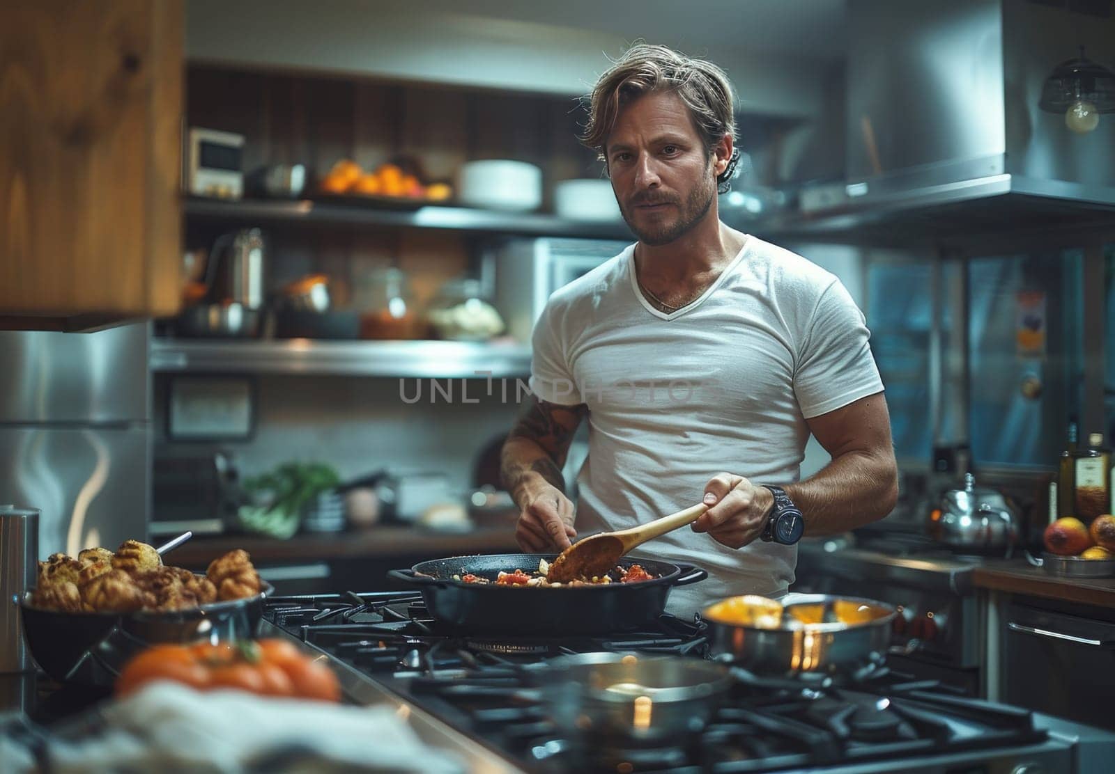 A man is focused while cooking a meal in a modern home kitchen, surrounded by various cooking utensils and fresh ingredients