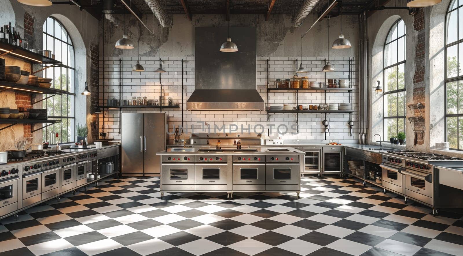 A contemporary kitchen with stainless steel appliances, black and white checkered floor, and wooden shelves against a brick wall