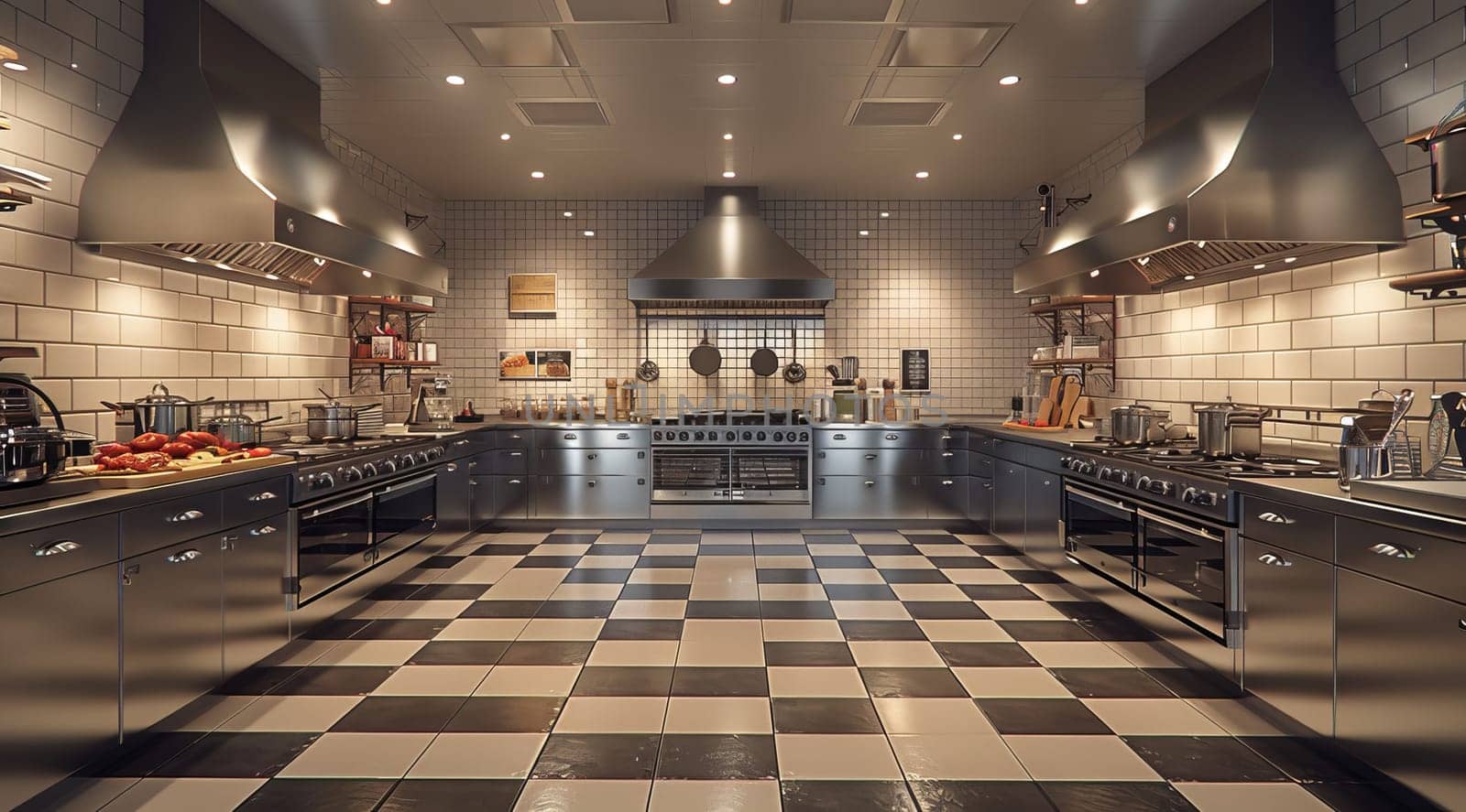 A fully equipped commercial kitchen with stainless steel appliances, tiled floors, and hanging pots and pans