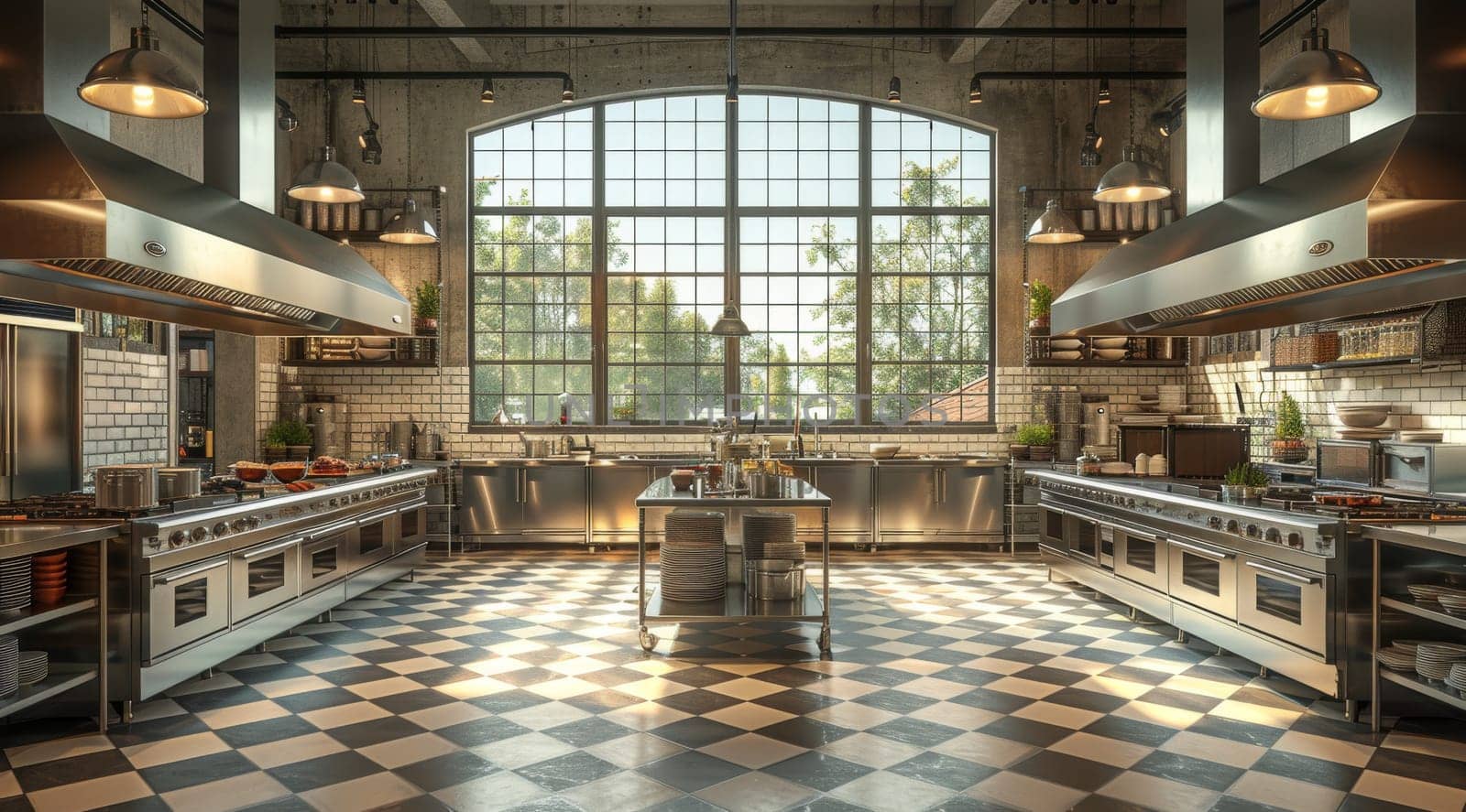 This is an image of a large, well-lit professional kitchen with modern appliances, expansive countertops, and a checkerboard floor pattern