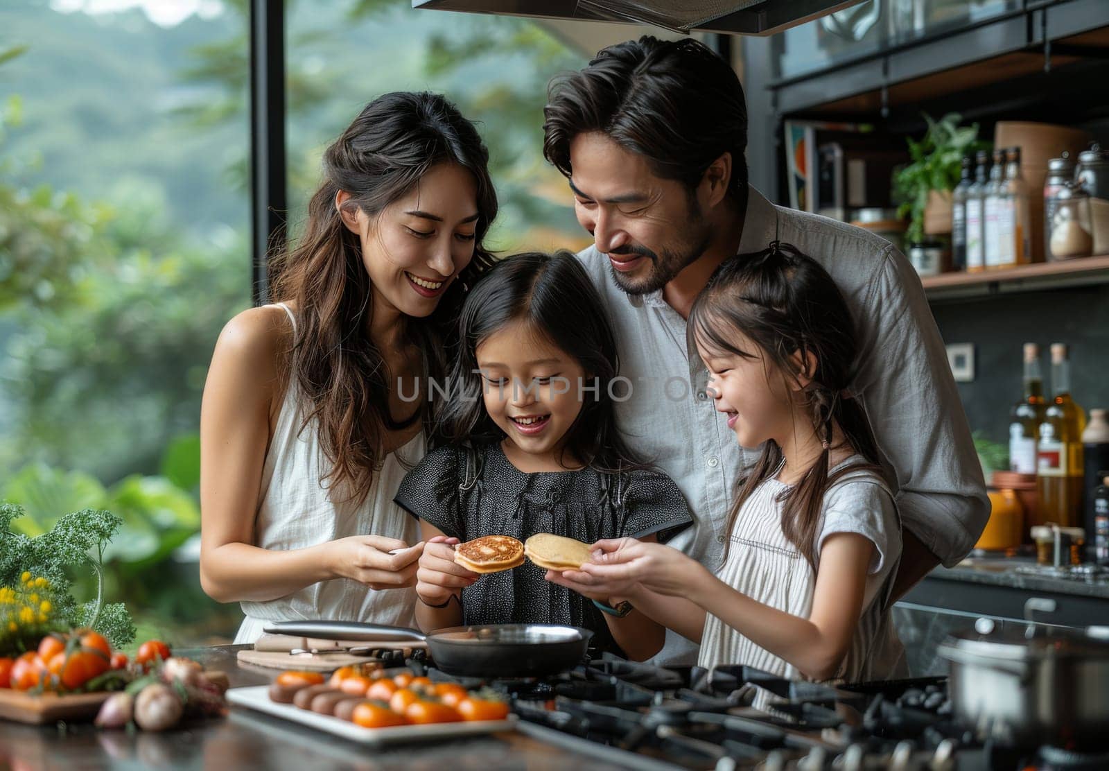 A happy family of four with two parents and two daughters cooking and bonding over food preparation in a modern kitchen