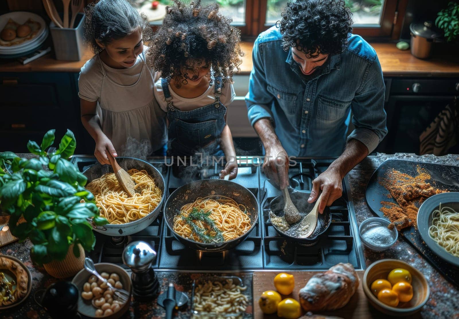 A warm, homely scene of a family with two adults and a child cooking pasta, surrounded by ingredients and cookware