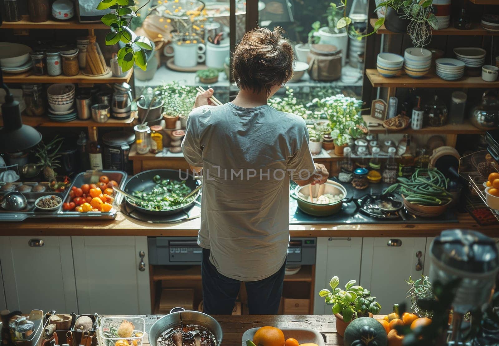 A person is prepping food in a cozy, sunlit kitchen brimming with plants and cooking utensils