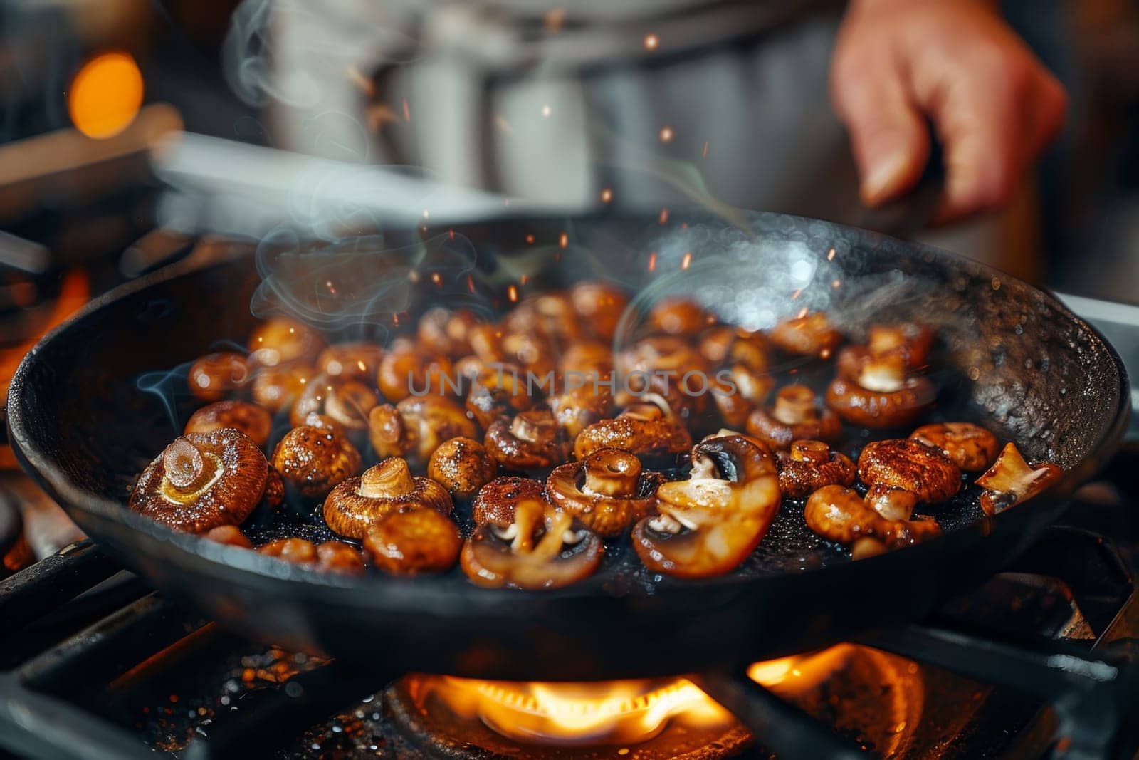 Close-up of fresh mushrooms being sautéed in a pan with steam rising over a gas stove, capturing the cooking process