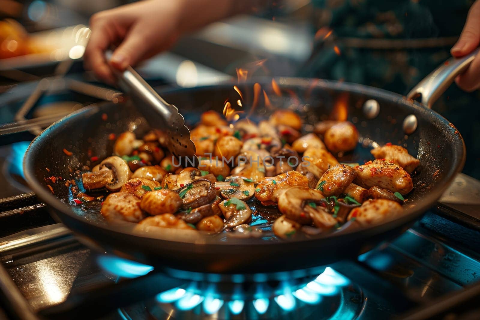 Chef tossing flaming mushrooms and scallops in a pan over a gas stove, showing action and heat in a vibrant kitchen setting