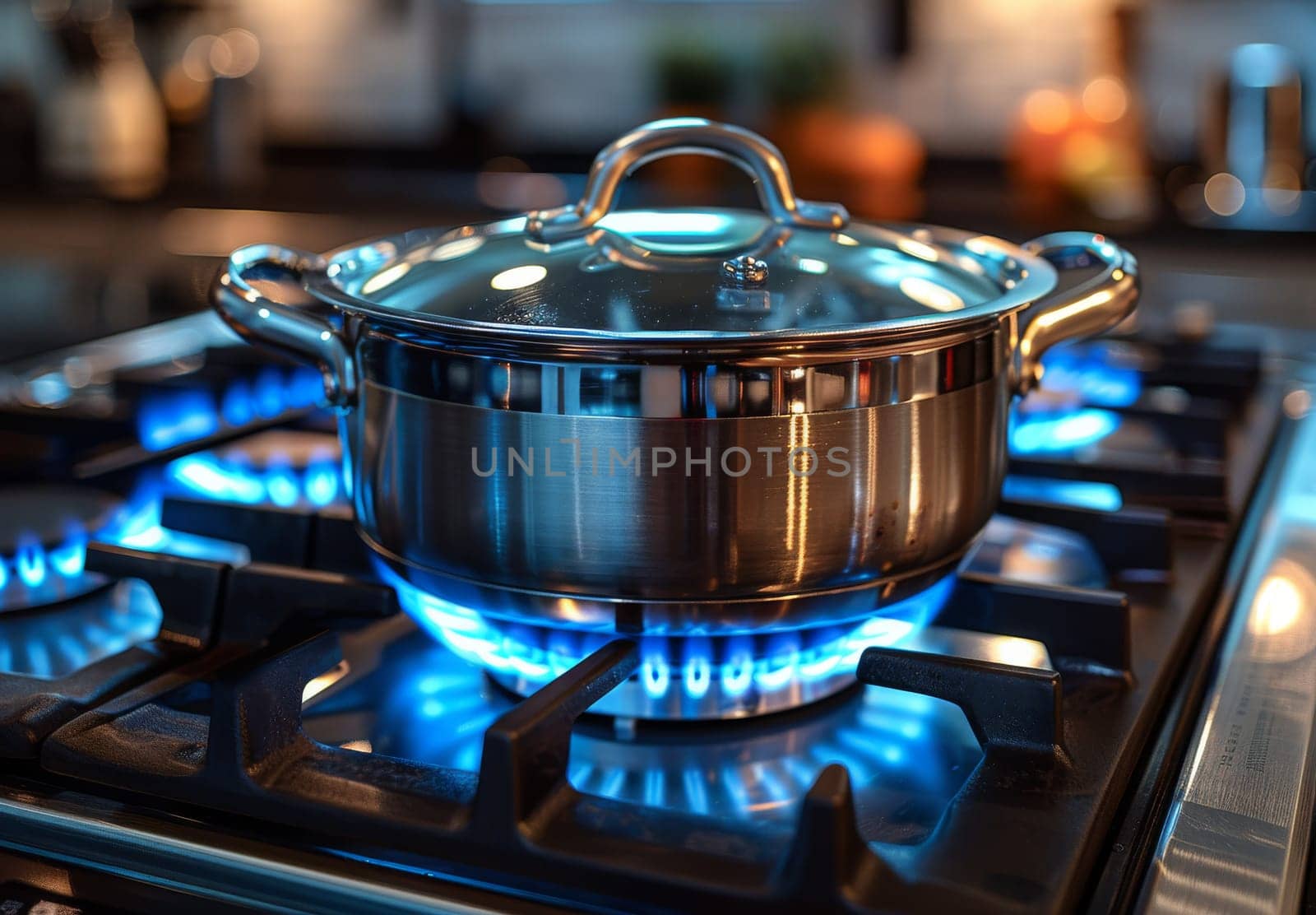 A shiny stainless steel pot with a glass lid is cooking on a gas stove featuring blue flames, indicating the process of cooking