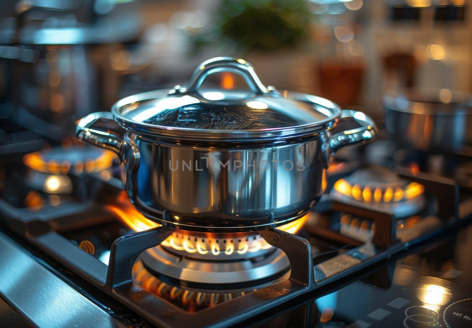 A shiny stainless steel pot sits on a lit gas stove burner in a modern kitchen illuminated by ambient light
