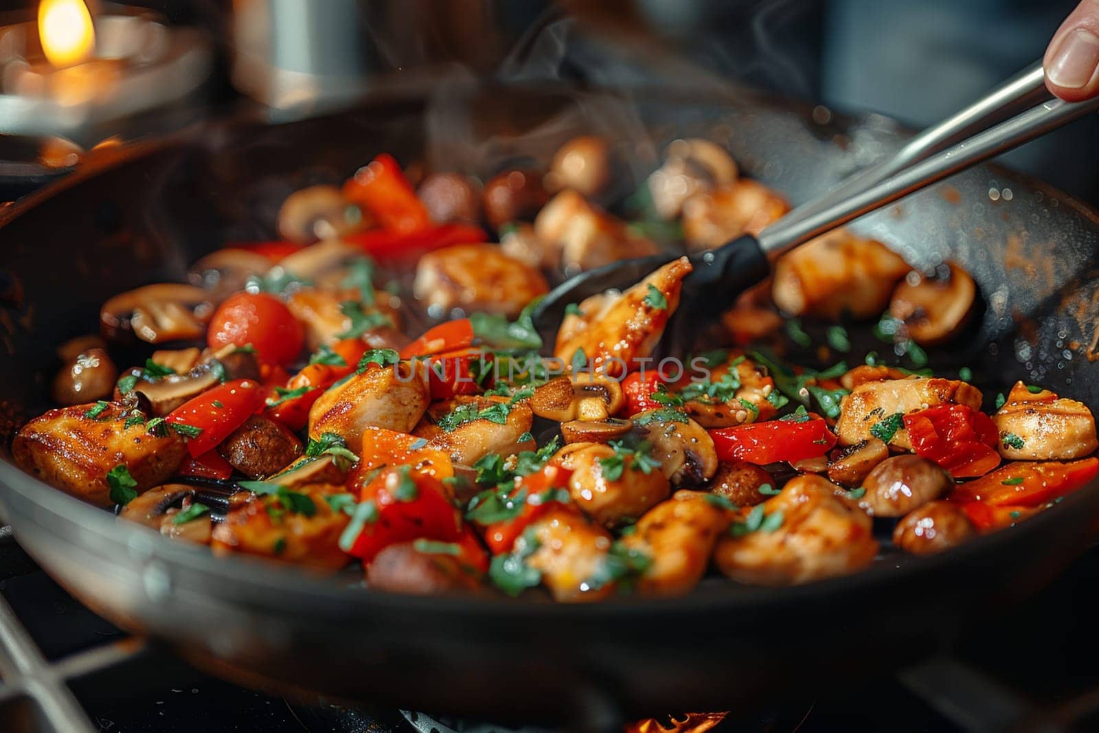 A close-up of a sizzling stir-fry with shrimp, bell peppers, mushrooms, and herbs being cooked in a pan
