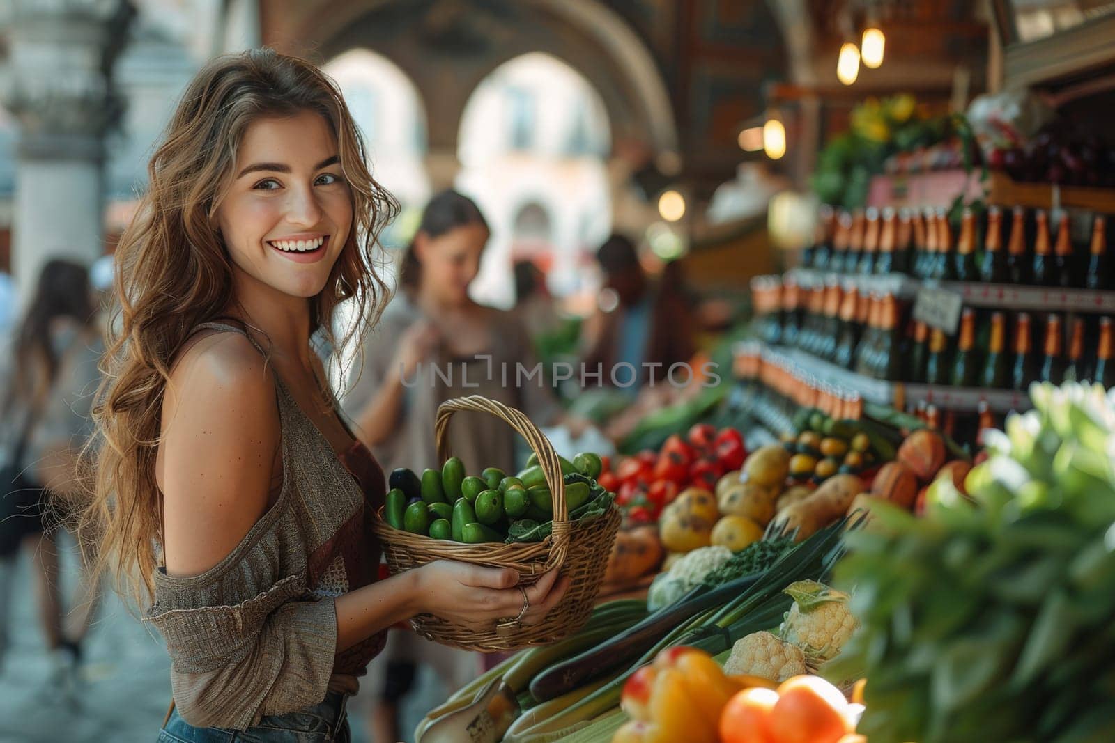 In a European market setting, a young woman with a basket full of limes shops for fresh produce, embodying ideas of healthy eating, tourism, and the enjoyment of local gourmet food in a travel destination