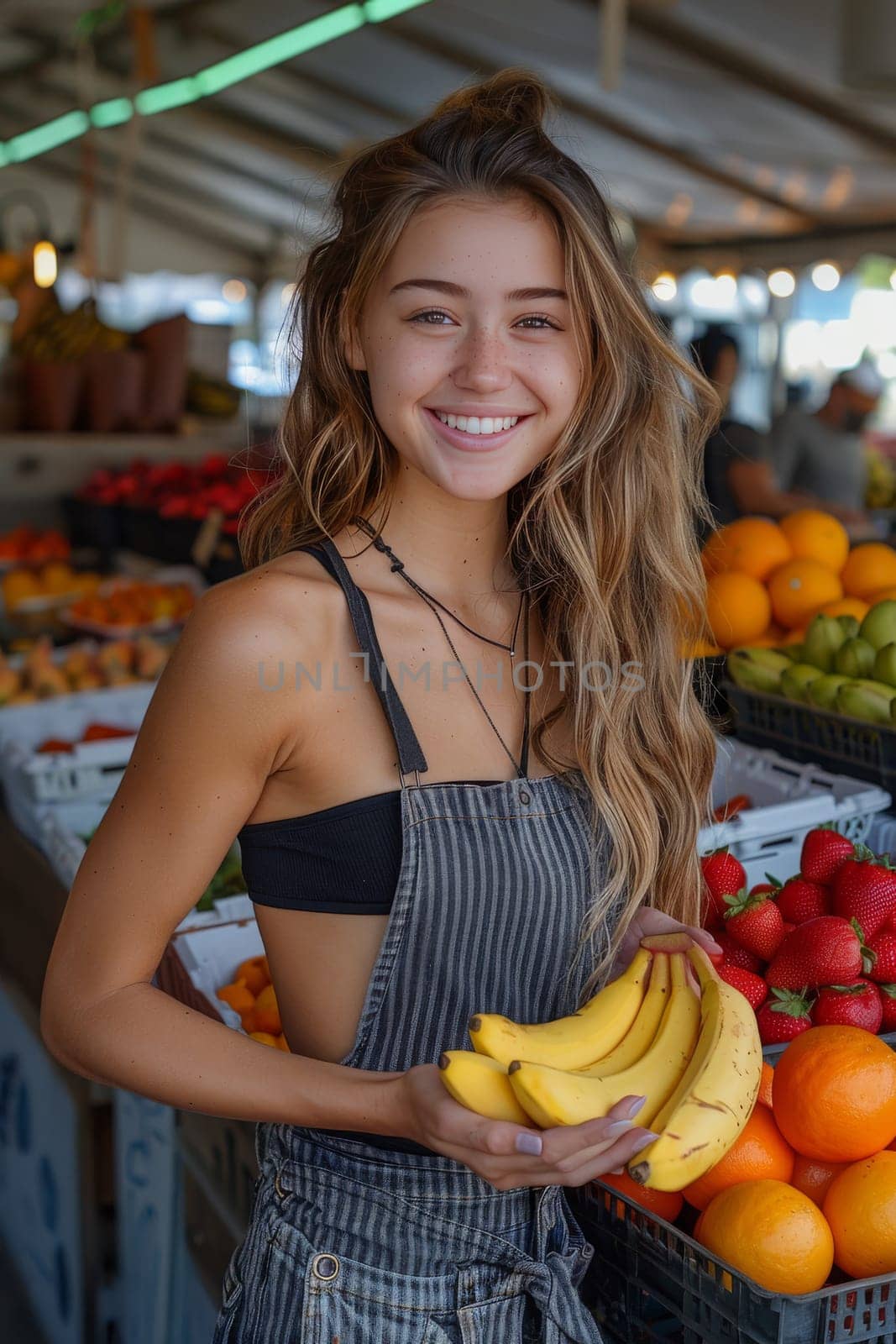 A friendly woman enjoys shopping for fresh fruit like bananas and oranges at a market stall Keywords: Market - Retail Space, Freshness, Shopping, Fruit