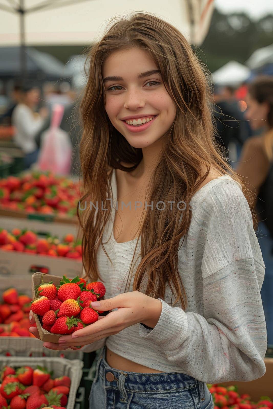 A young woman's delight is evident as she holds a basket of strawberries, embodying the joy of fresh food at a bustling street market