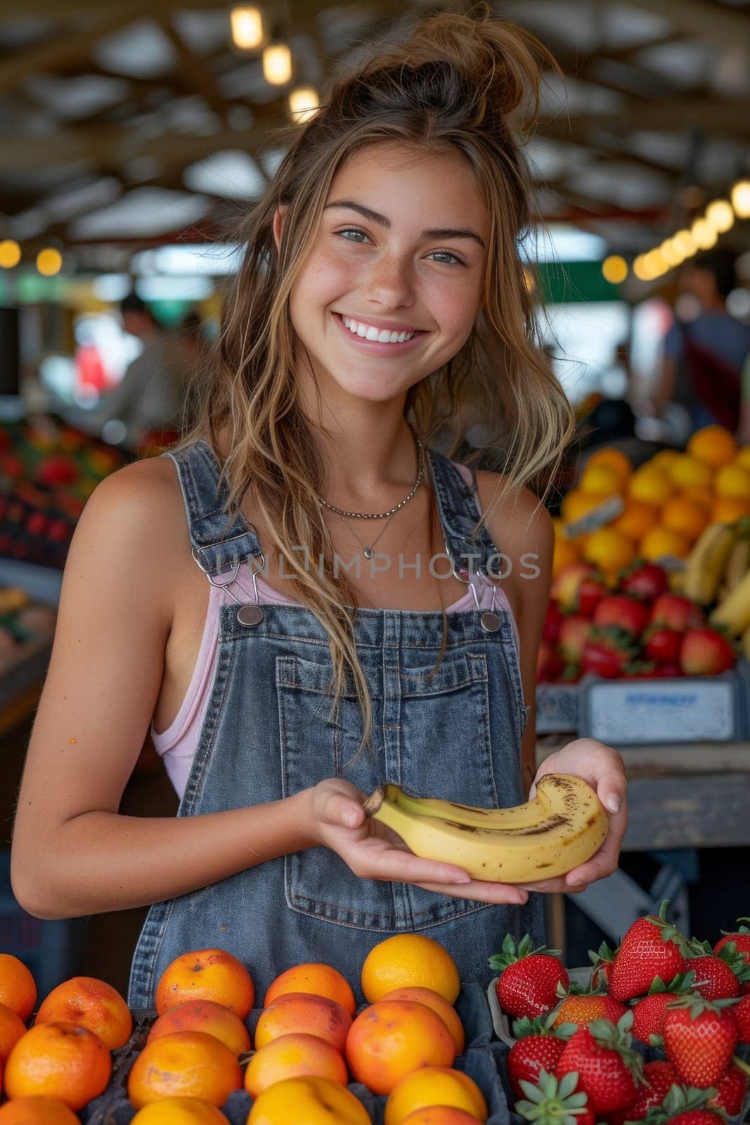 Enthusiastic young shopper smiling while holding fresh bananas amidst a variety of vivid market fruit, reflecting a vibrant retail and shopping atmosphere