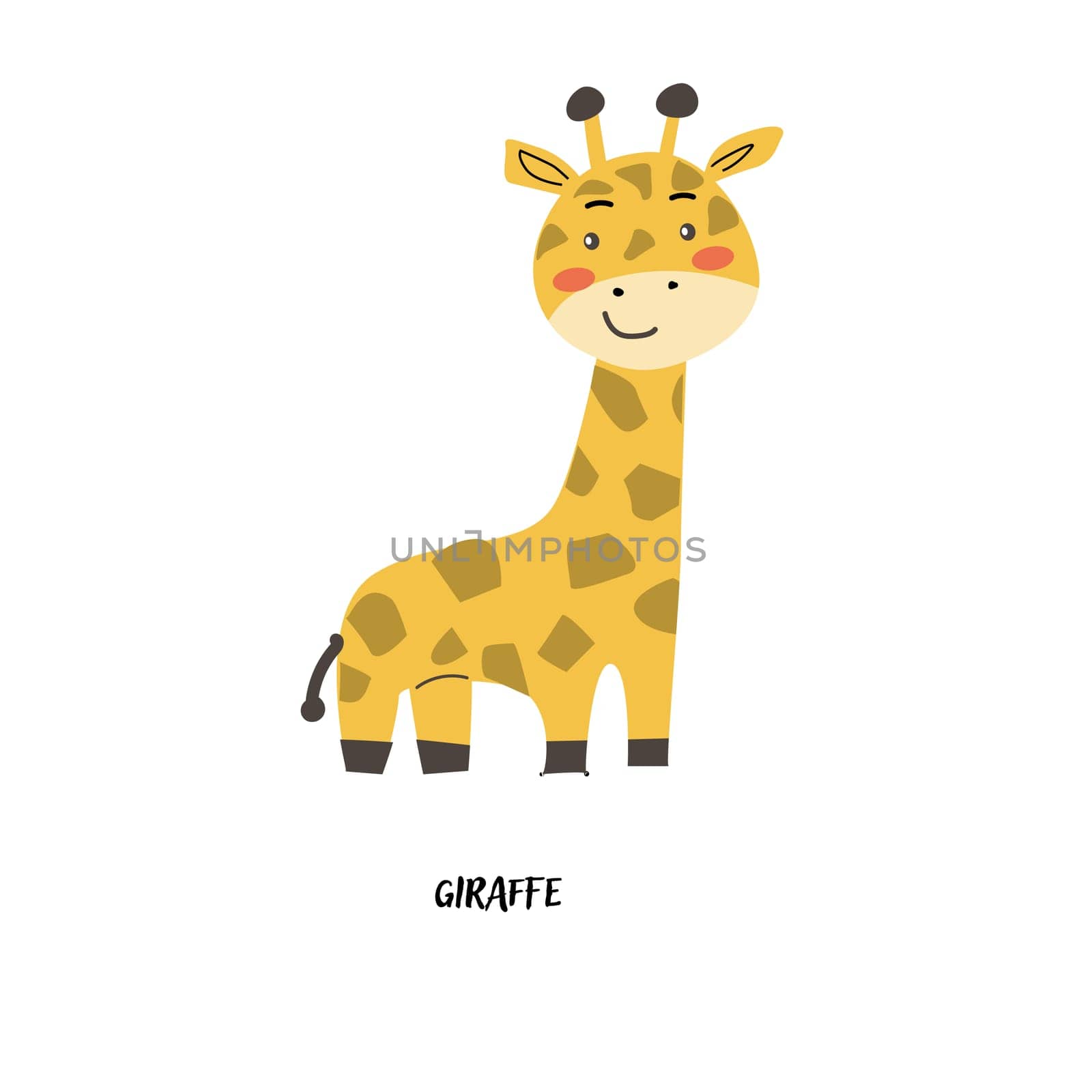 Childrens animal card giraffe for education. Kindergarten design. Cute african animal flash card on english language. Funny cartoon character poster for kids room with quotes.