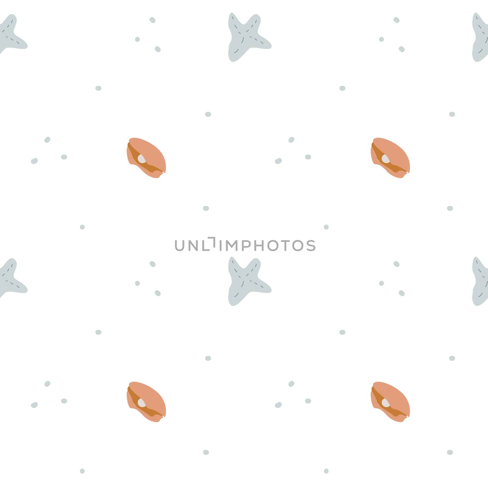 Childrens cute fashion pattern. Childish sea shell seamless background. Marine life elements pattern. Nursery design. Pastel colors. Clams background, seashells, seaweed print. Seashore beach elements
