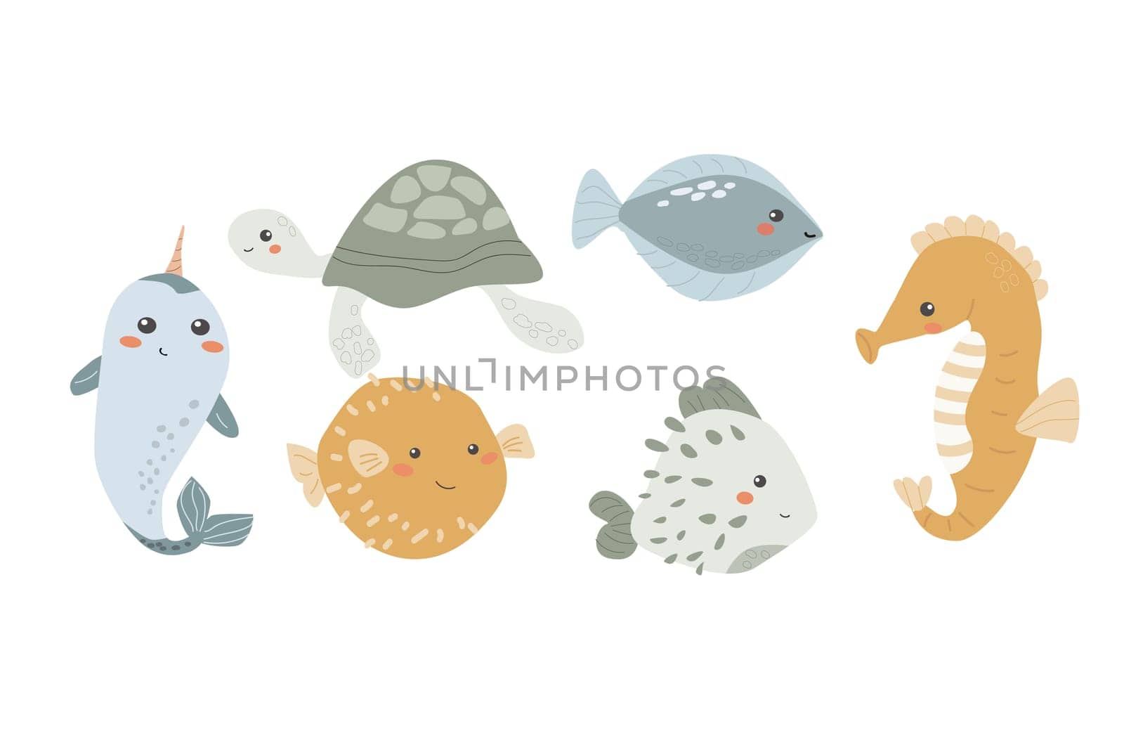 Cute childrens sea animals set. Marine underwater elements collection. Ocean inhabitants set of fugu,turtle and other cute characters. Wild aquatic creatures in childish naive hand drawn style.