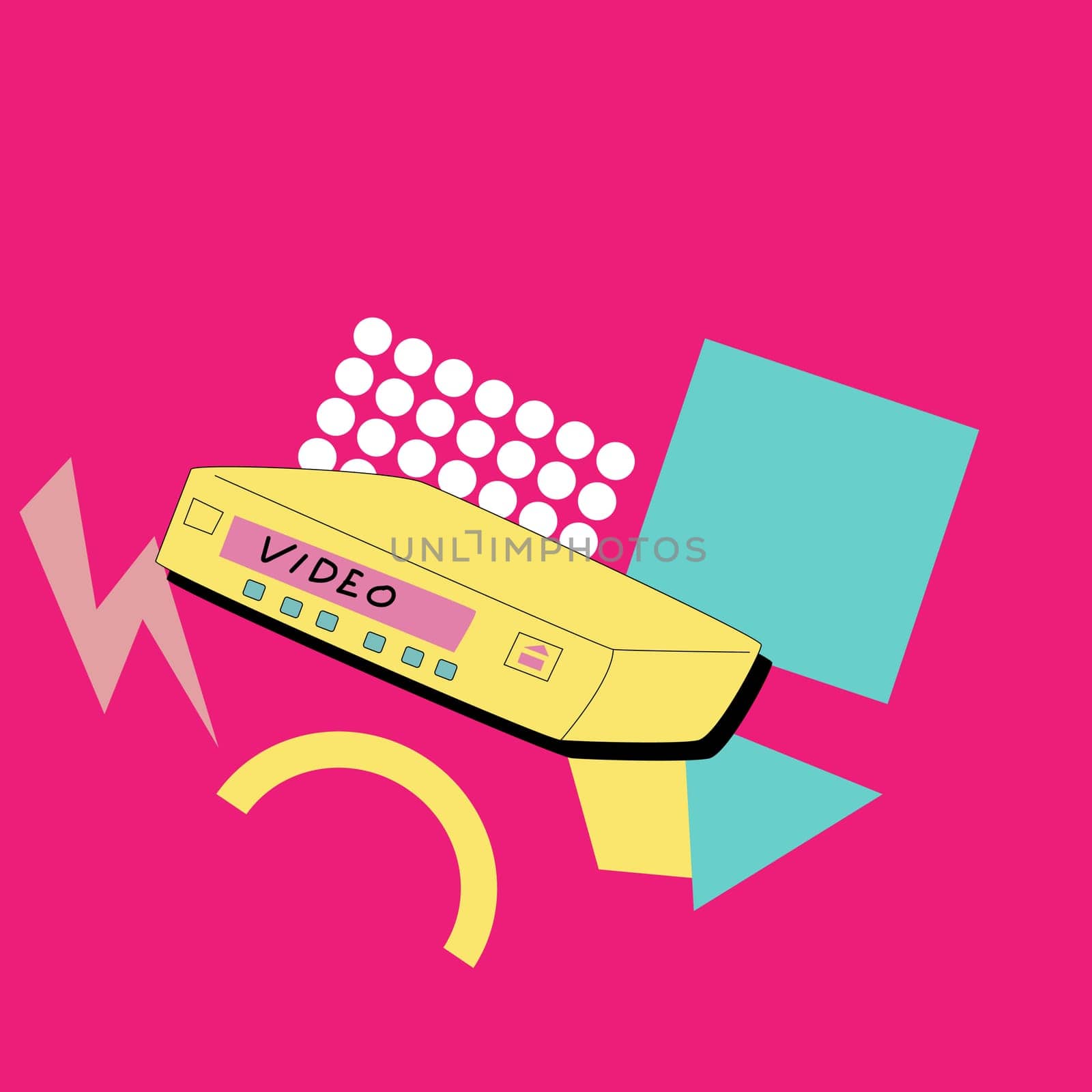 90s music background. Retro disco banner with y2k or 00s elements. Game or music equipment, laptop from 90s. Bright banner for social network.