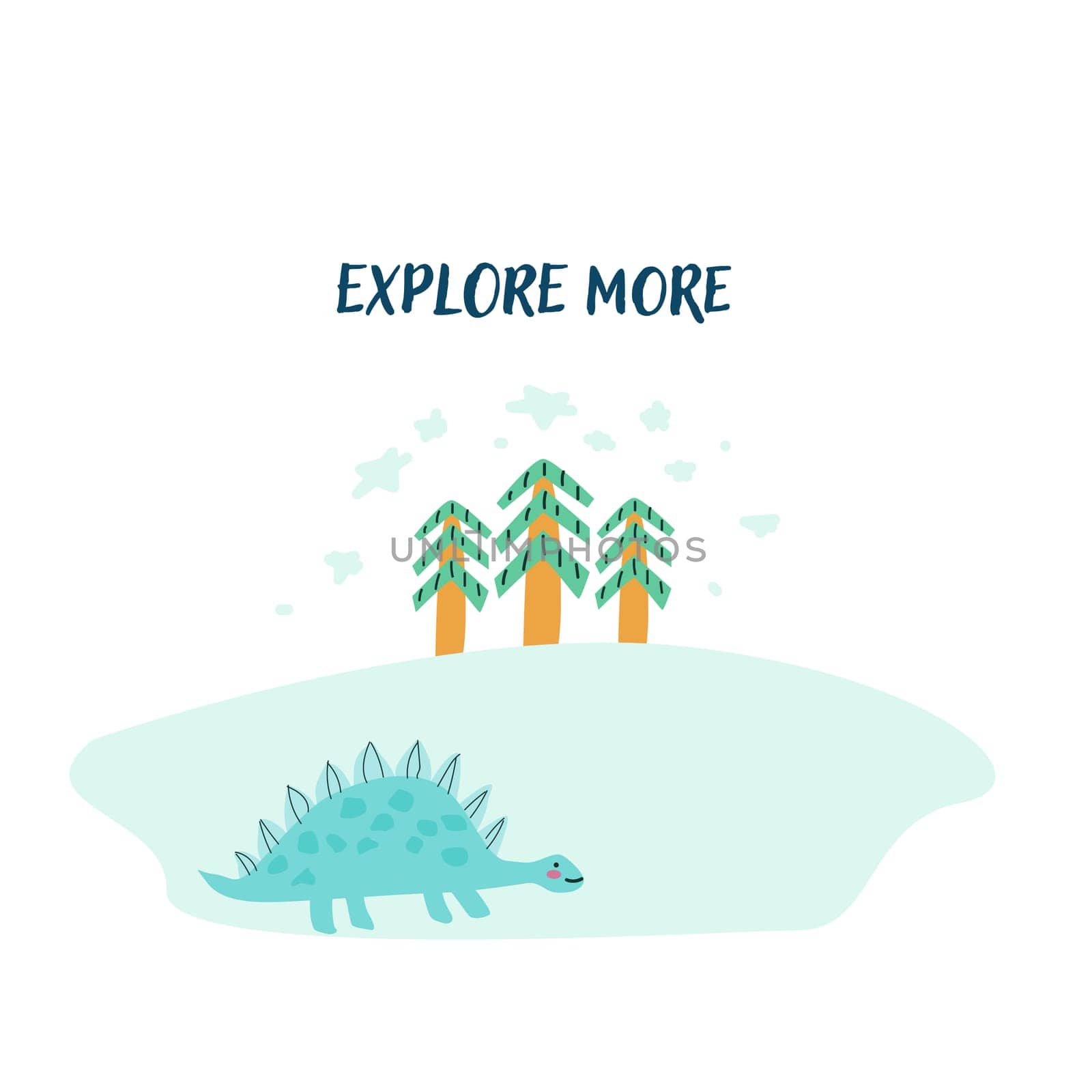 Cute dinosaur in nature background - childish poster with text. Childrens cute animals background. Doodle predator baby animal and christmas tree. Adventure begins or explore more quotes.