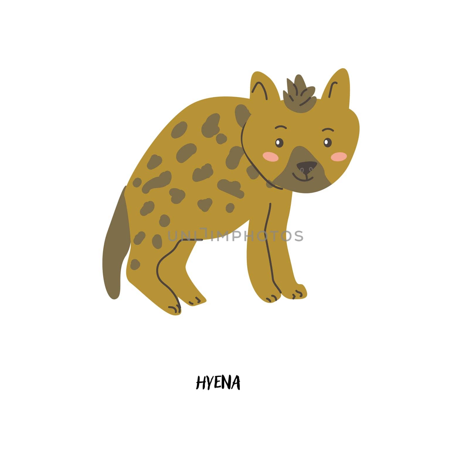 Childrens animal card hyena for education. Kindergarten design. Cute african animal flash card on english language. Funny cartoon character poster for kids room with quotes.